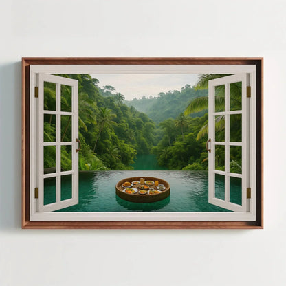 Jungle infinity pool canvas wall art print with open window view of tropical rainforest and floating breakfast tray for spa or exotic decor Wall Art – Canvas Print