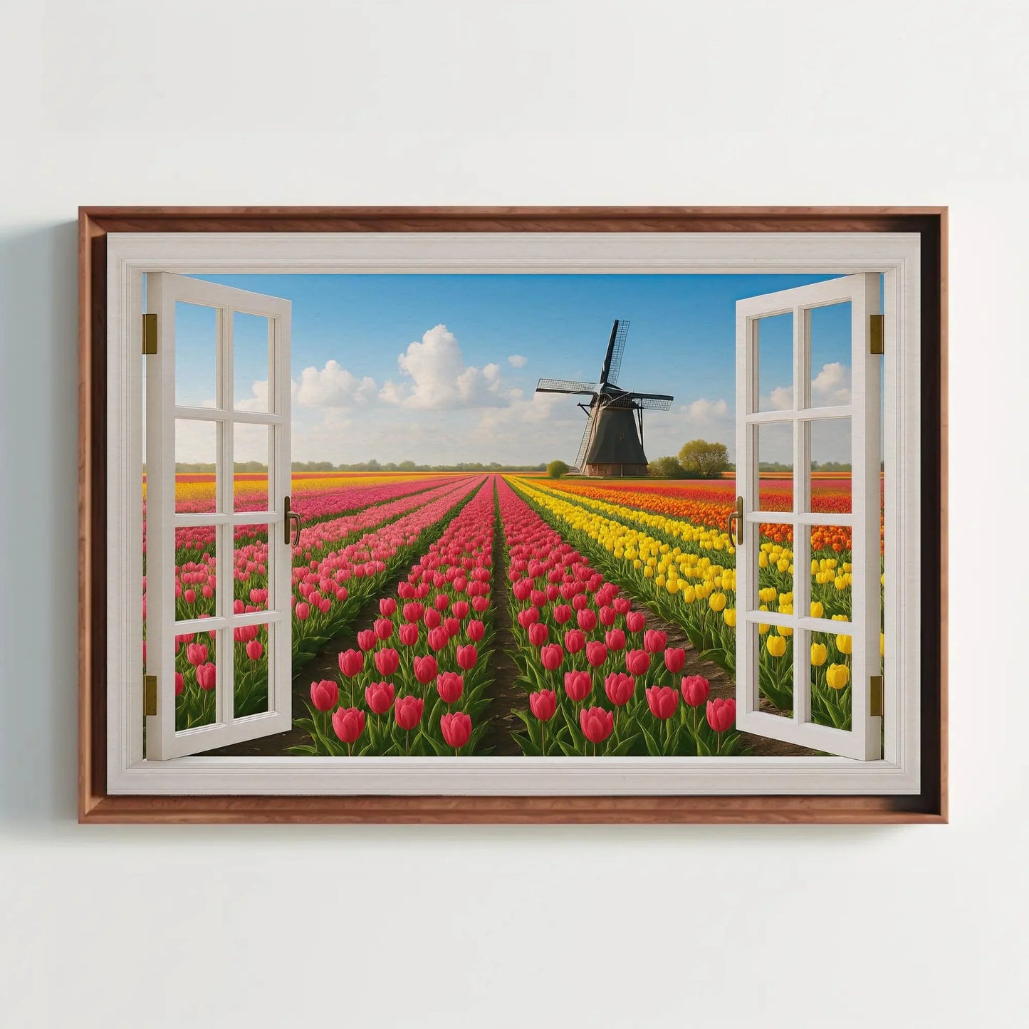 Tulip field windmill canvas wall art print with open window view of Dutch spring landscape for floral home decor or Netherlands theme room Wall Art – Canvas Print