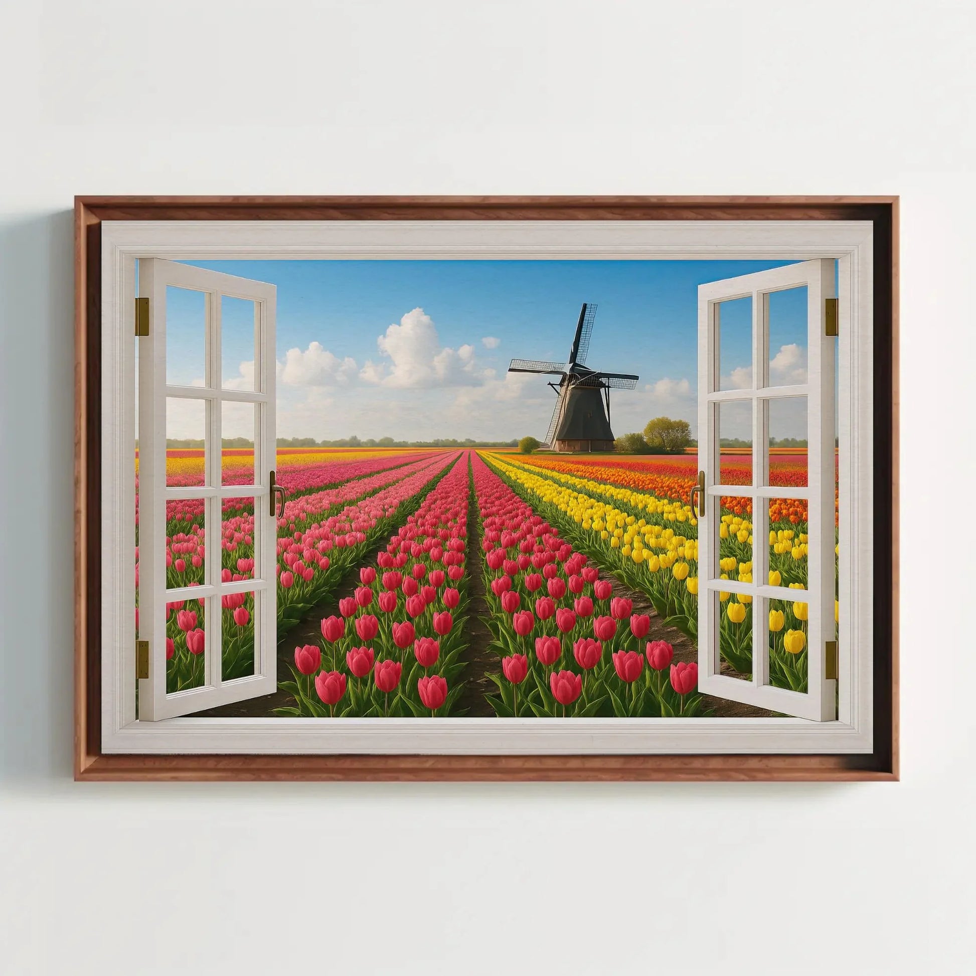 Tulip field windmill canvas wall art print with open window view of Dutch spring landscape for floral home decor or Netherlands theme room Wall Art – Canvas Print