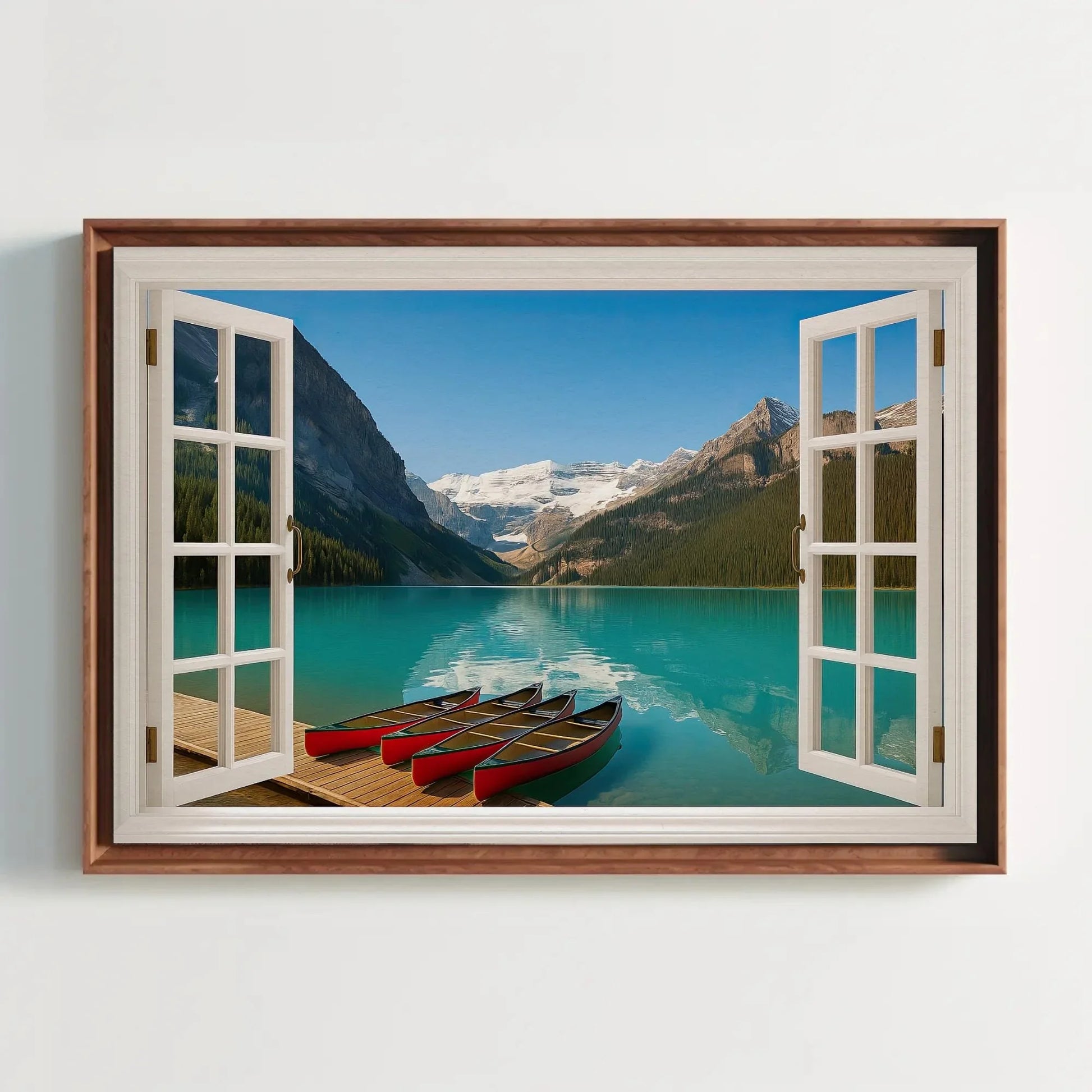 Canadian lake mountain canvas wall art print with red canoes and turquoise water through open window view for cabin or lodge room decor Wall Art – Canvas Print