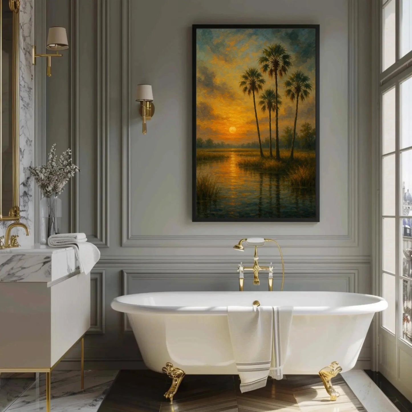 Tropical palm tree sunset canvas painting wall art for beach house or calming bedroom decor with golden marsh and glowing water print Wall Art – Canvas Print