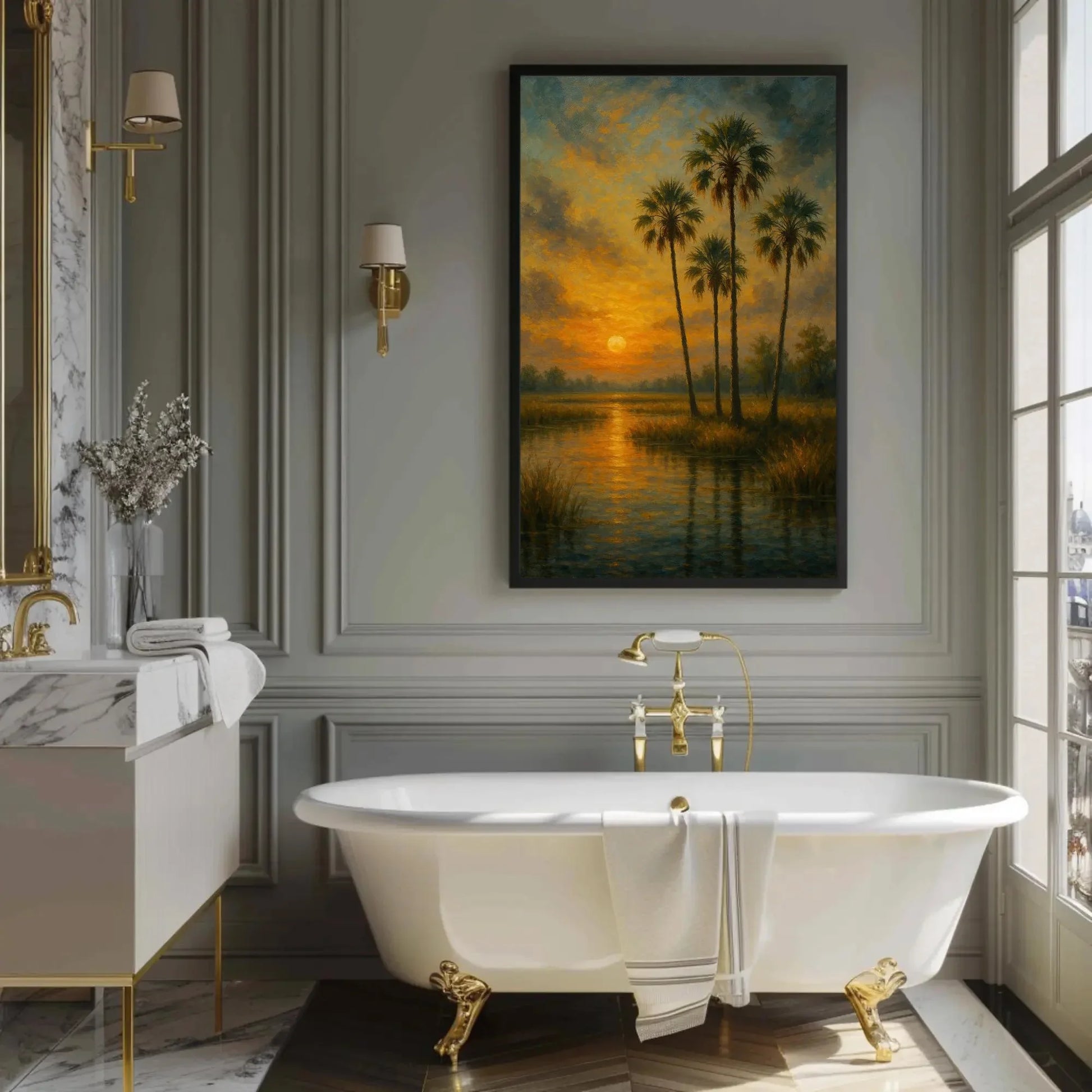Tropical palm tree sunset canvas painting wall art for beach house or calming bedroom decor with golden marsh and glowing water print Wall Art – Canvas Print