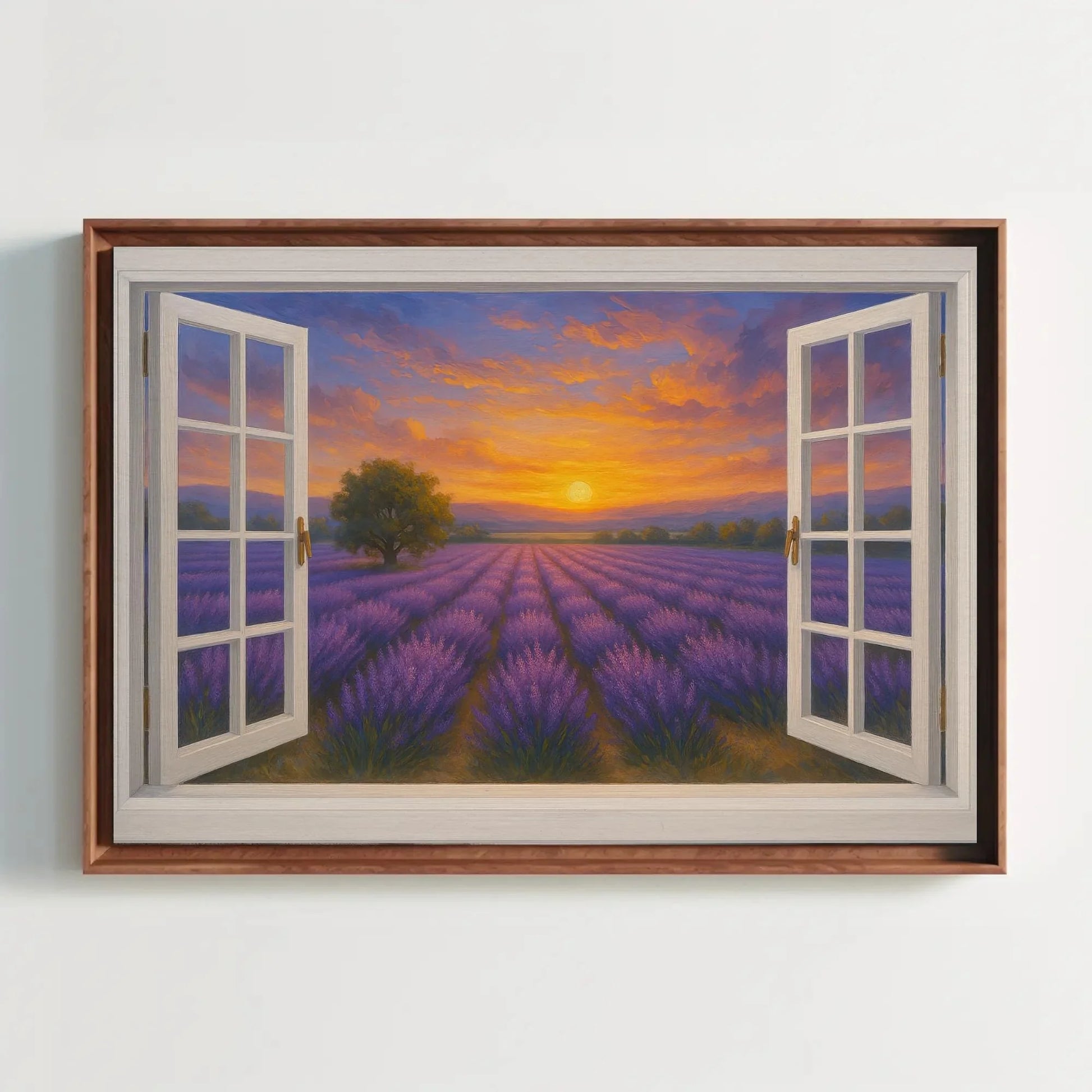 Lavender field sunset open window view canvas wall art print for romantic rustic bedroom or French countryside home decor painting Wall Art – Canvas Print