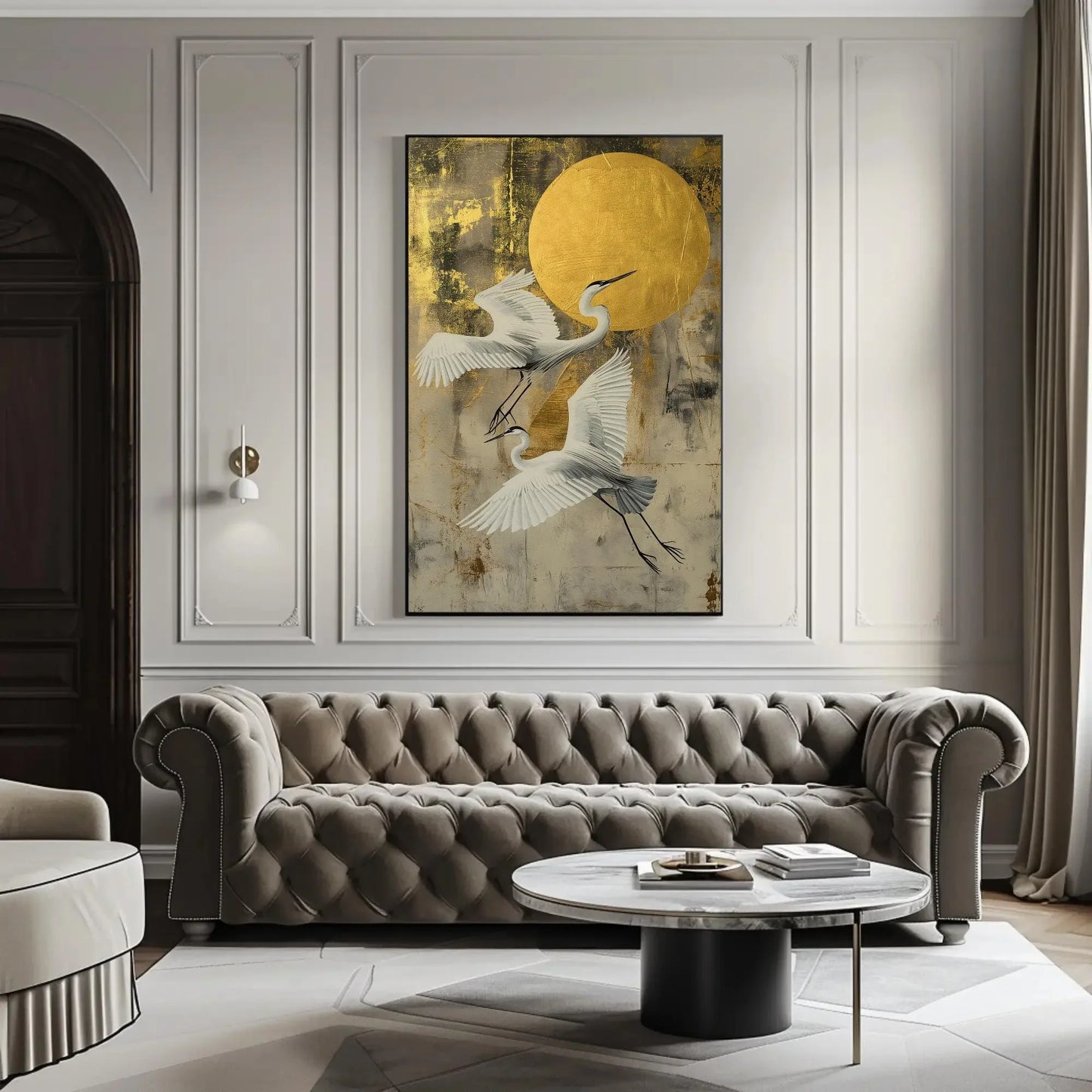 Two Herons Golden Moon Sky Canvas Print, Extra Large Elegant Bird Wall Art, Painting for Japandi, Boho, or Nature Bedroom or Living Room Wall Art – Canvas Print