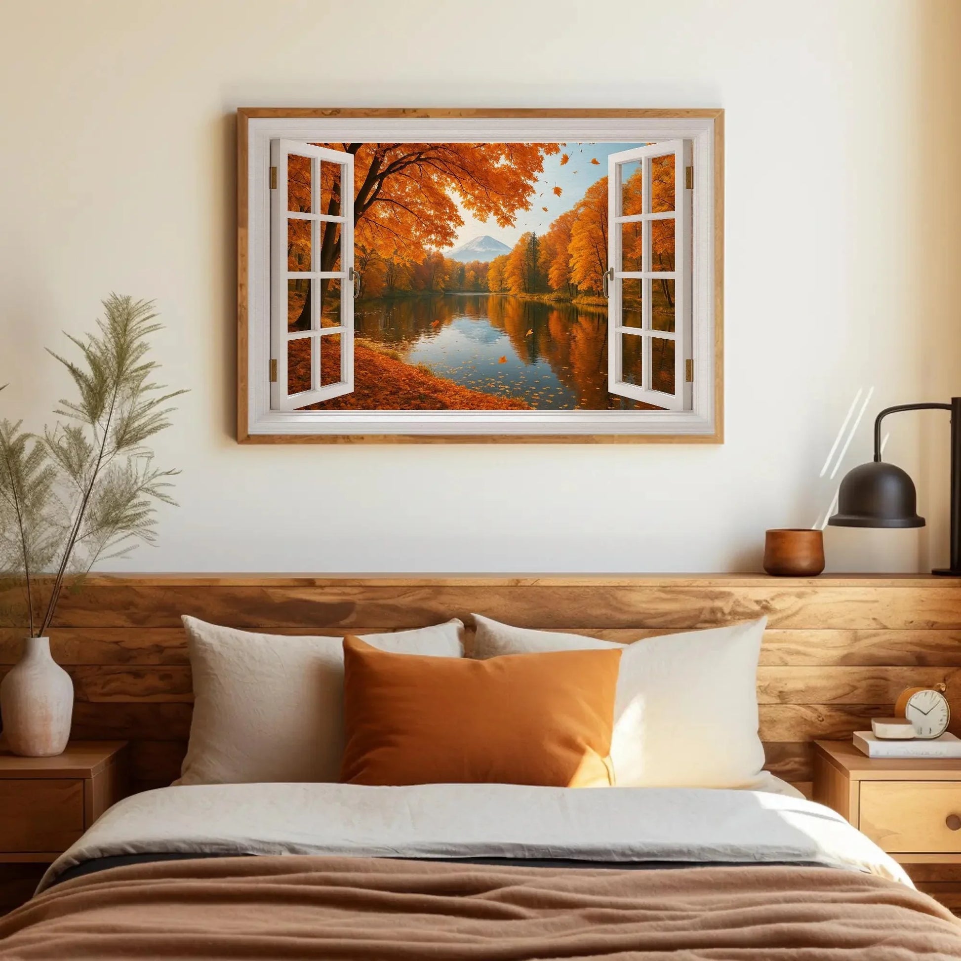 Mount Fuji autumn lake open window view canvas wall art print for seasonal Japanese decor and fall landscape nature lovers room Wall Art – Canvas Print