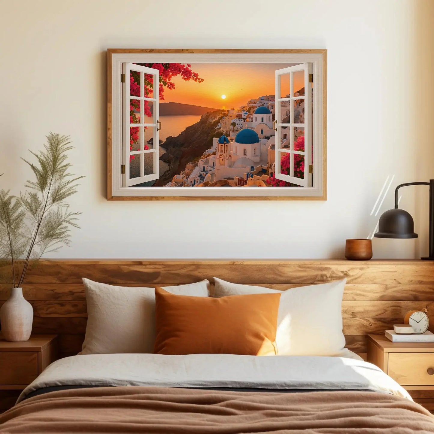 Santorini sunset open window view canvas wall art print of Greek domes and sea for romantic travel inspired decor or coastal room design Wall Art – Canvas Print
