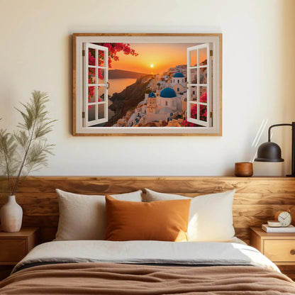 Santorini sunset open window view canvas wall art print of Greek domes and sea for romantic travel inspired decor or coastal room design Wall Art – Canvas Print