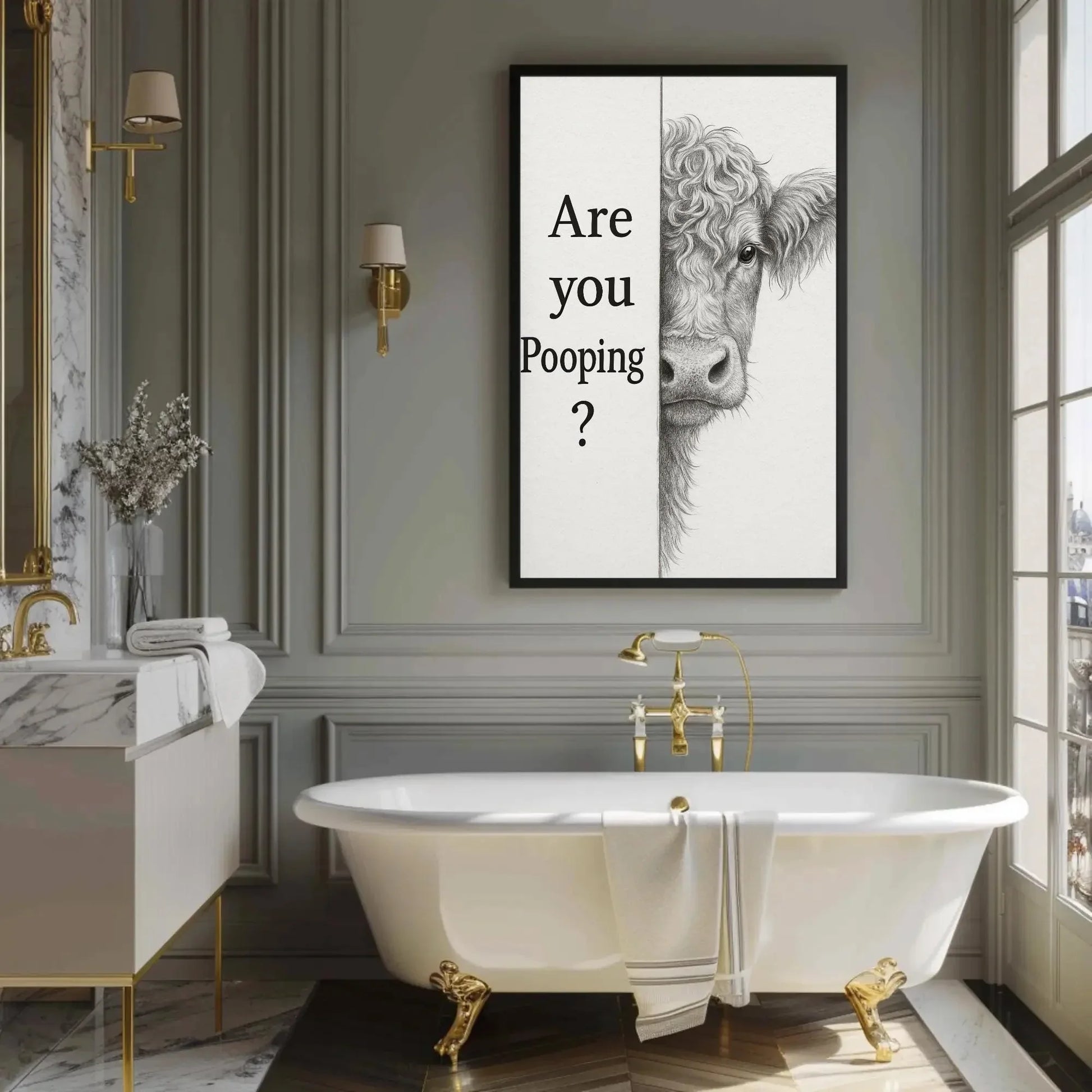 Funny cow bathroom canvas wall art print for farmhouse toilet decor or rustic powder room with are you pooping quote and sketch Wall Art – Canvas Print