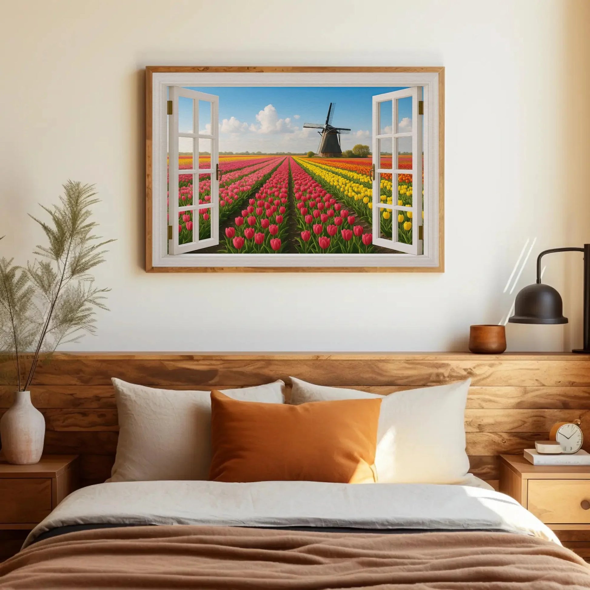 Tulip field windmill canvas wall art print with open window view of Dutch spring landscape for floral home decor or Netherlands theme room Wall Art – Canvas Print