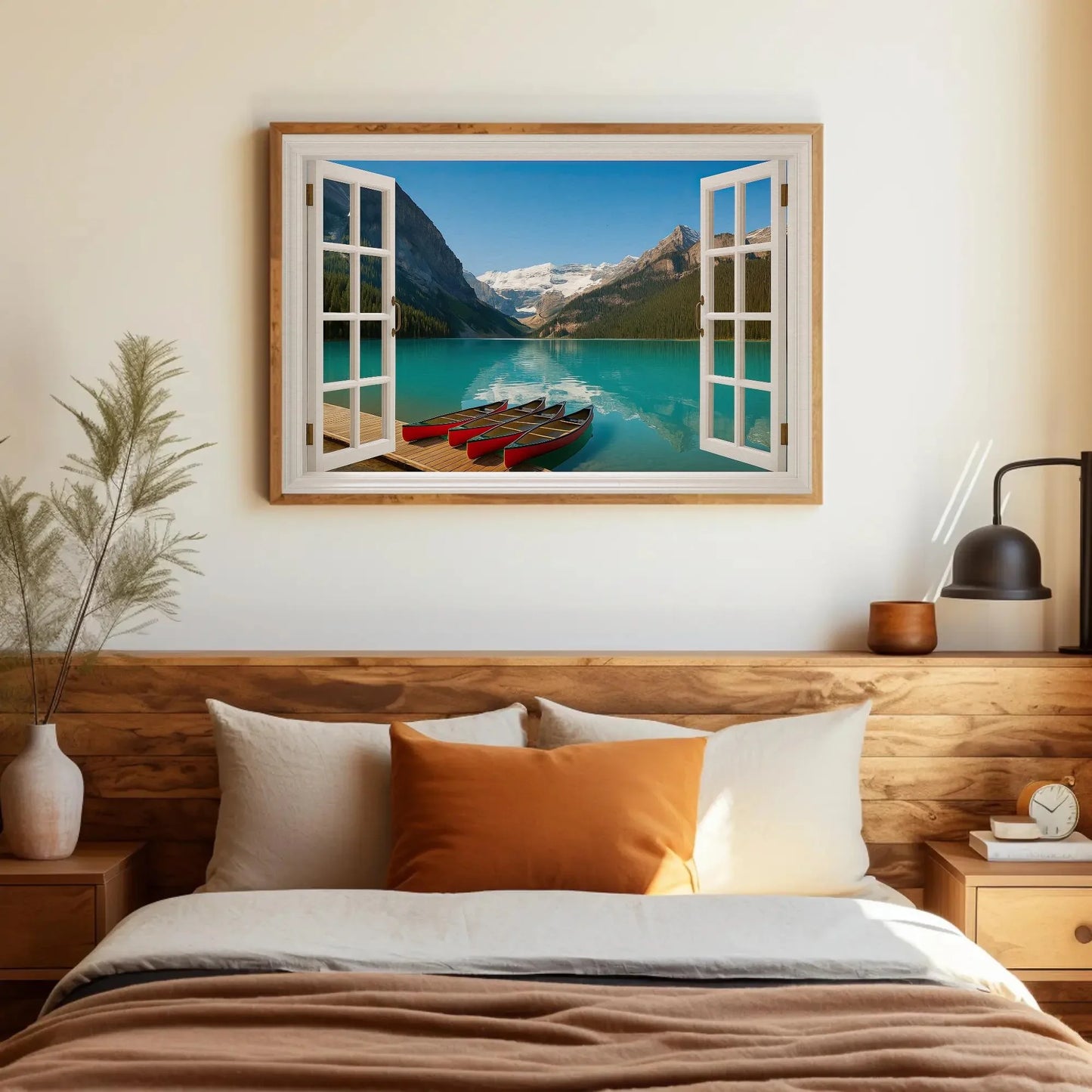 Canadian lake mountain canvas wall art print with red canoes and turquoise water through open window view for cabin or lodge room decor Wall Art – Canvas Print