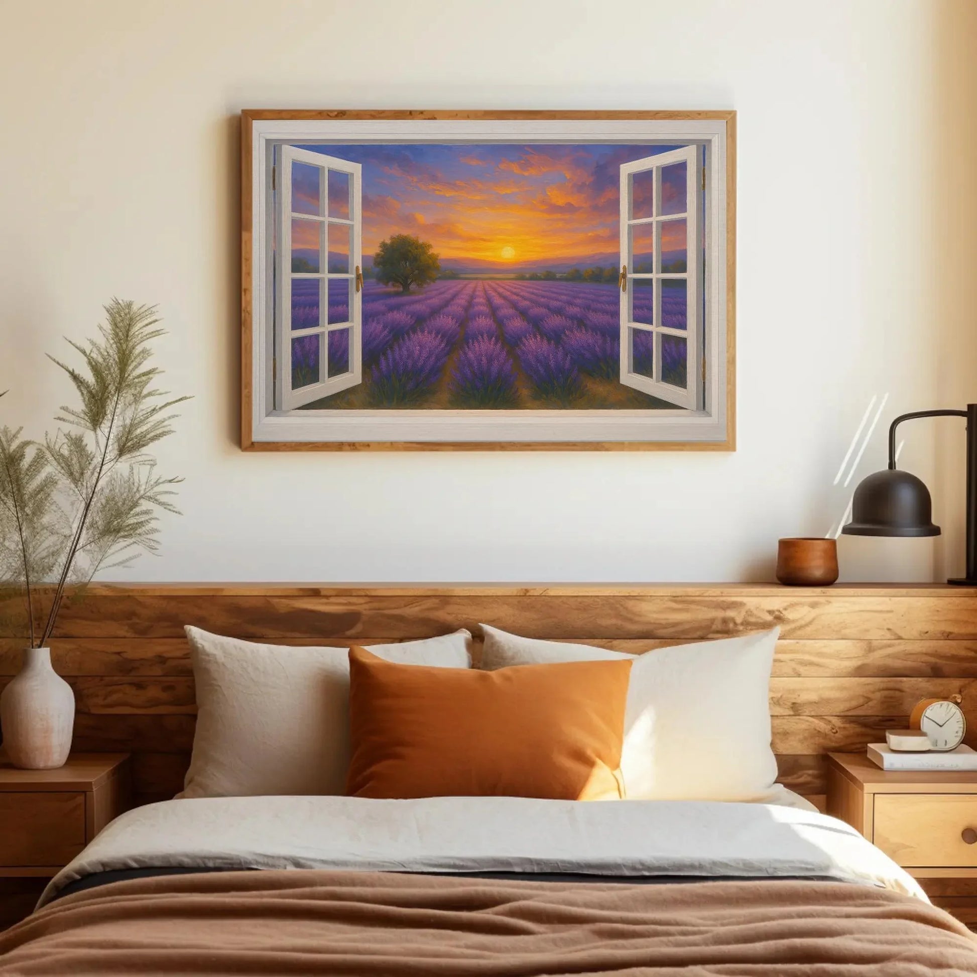 Lavender field sunset open window view canvas wall art print for romantic rustic bedroom or French countryside home decor painting Wall Art – Canvas Print