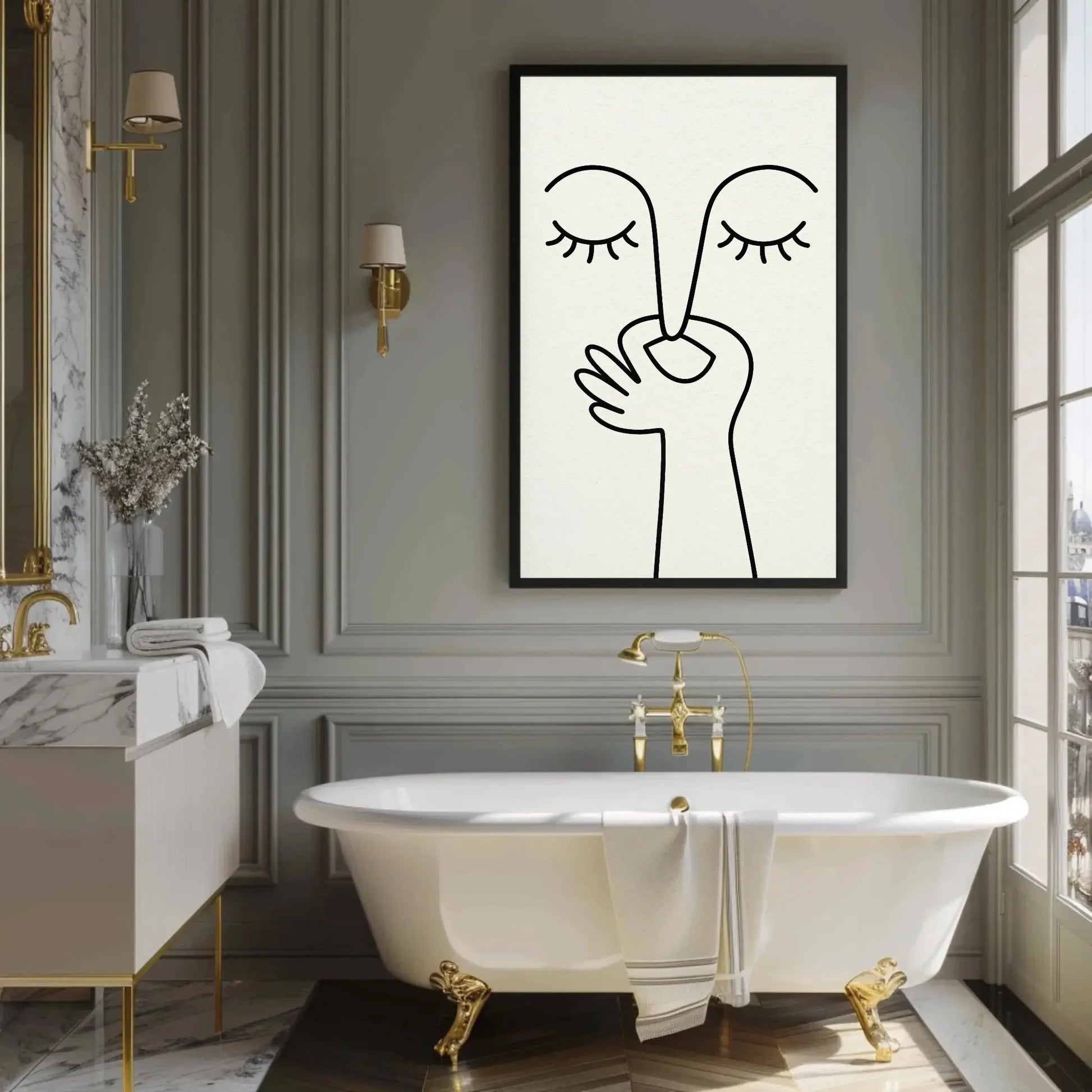 Minimalist abstract shh face canvas wall art print for modern bedroom or meditative quiet decor with eyes closed hand silence symbol Wall Art – Canvas Print