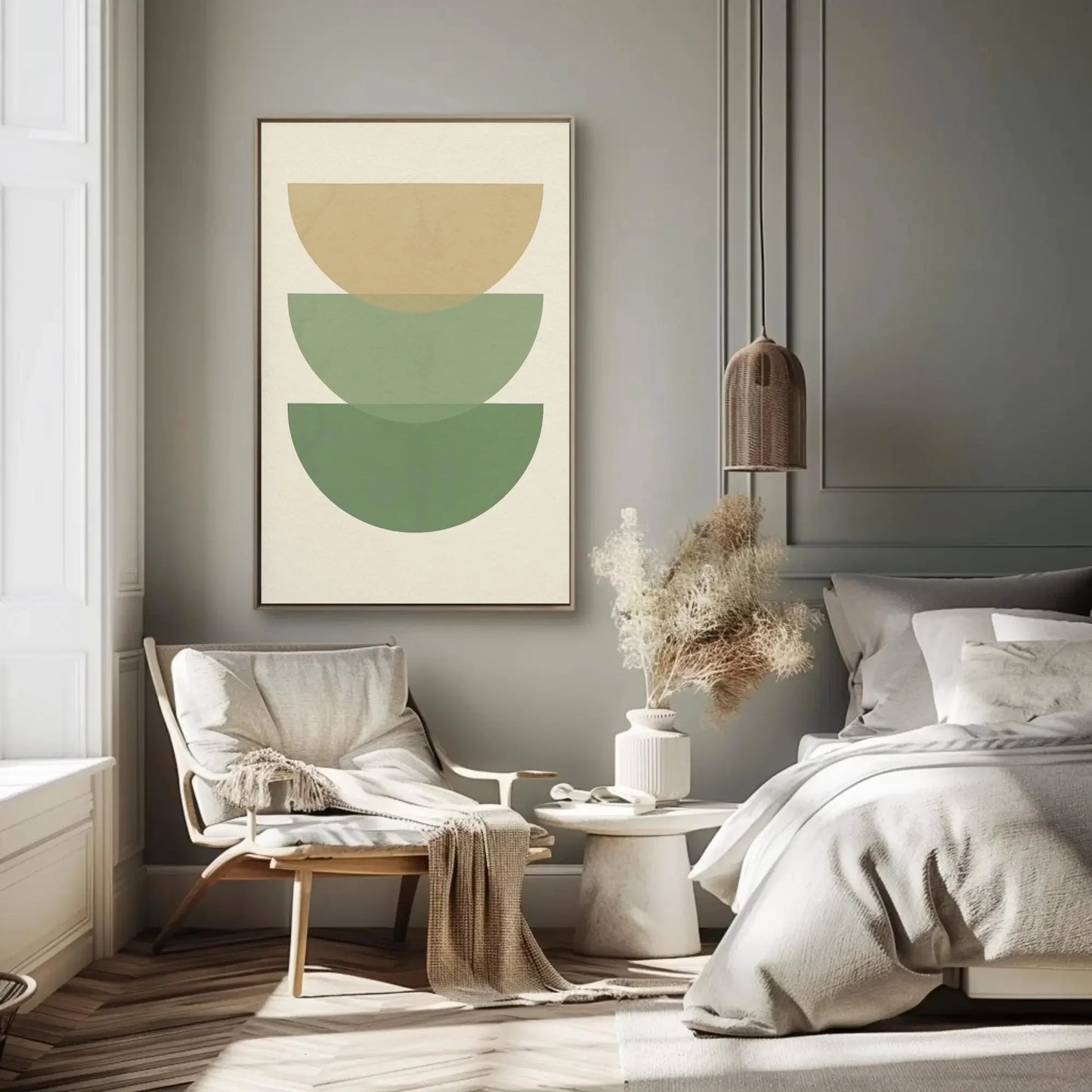 Minimalist green beige canvas wall art print for modern boho home or Scandinavian decor with abstract layered half circle design Wall Art – Canvas Print