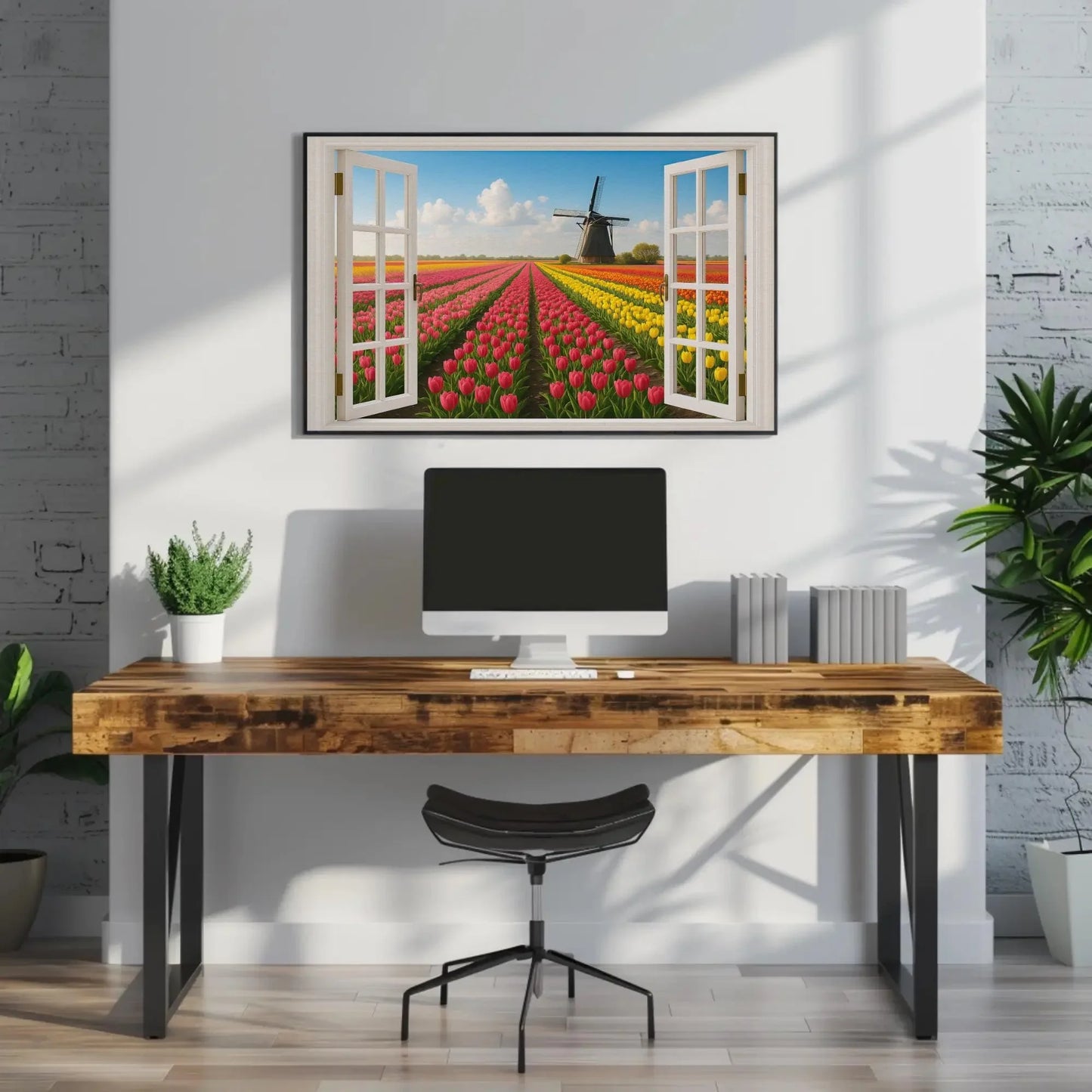 Tulip field windmill canvas wall art print with open window view of Dutch spring landscape for floral home decor or Netherlands theme room Wall Art – Canvas Print