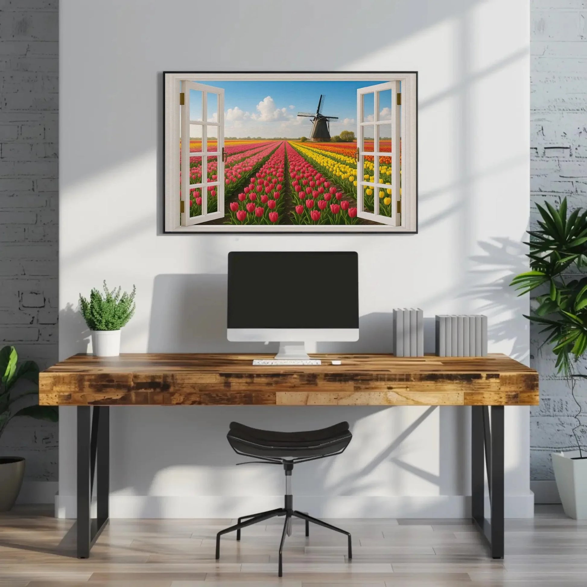 Tulip field windmill canvas wall art print with open window view of Dutch spring landscape for floral home decor or Netherlands theme room Wall Art – Canvas Print