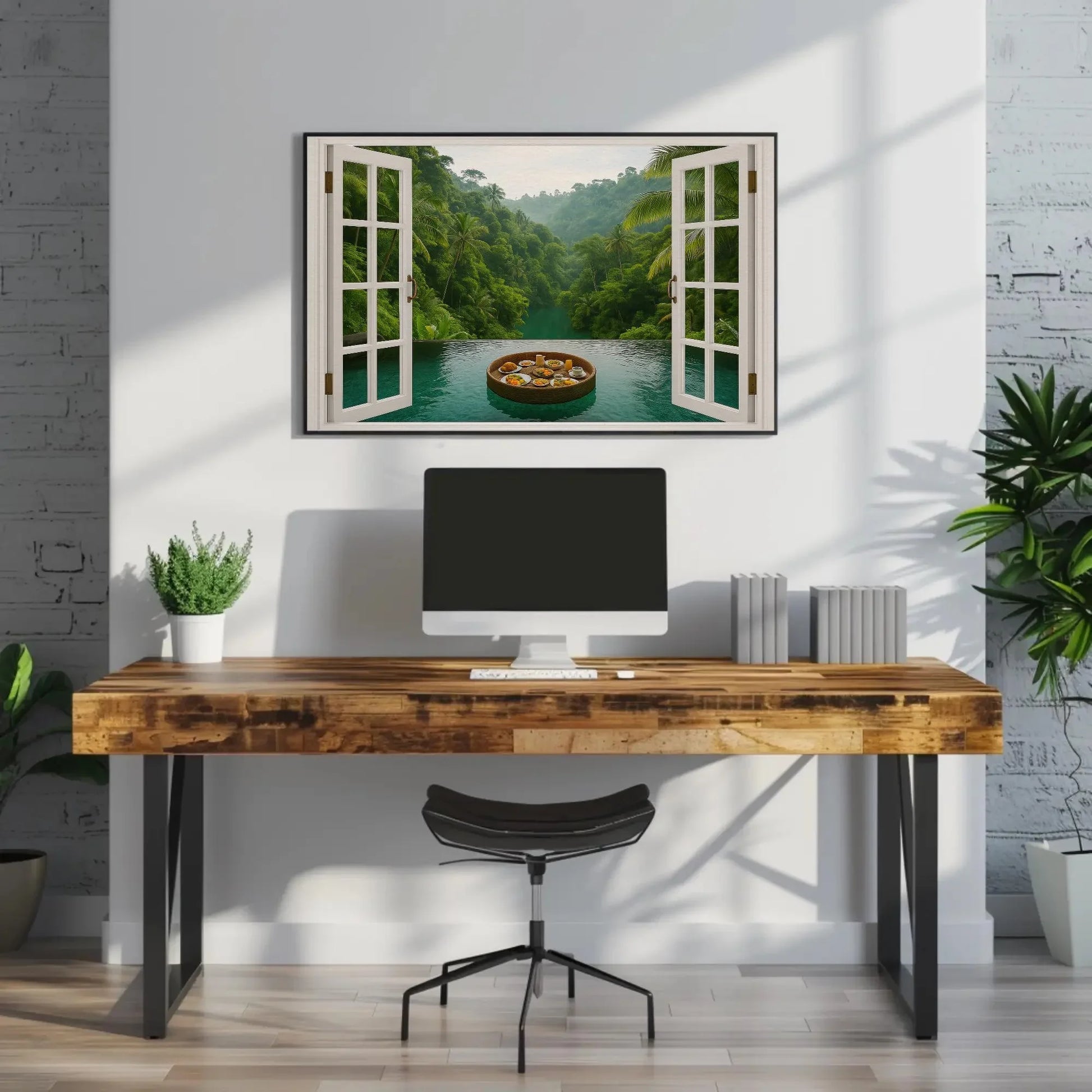 Jungle infinity pool canvas wall art print with open window view of tropical rainforest and floating breakfast tray for spa or exotic decor Wall Art – Canvas Print