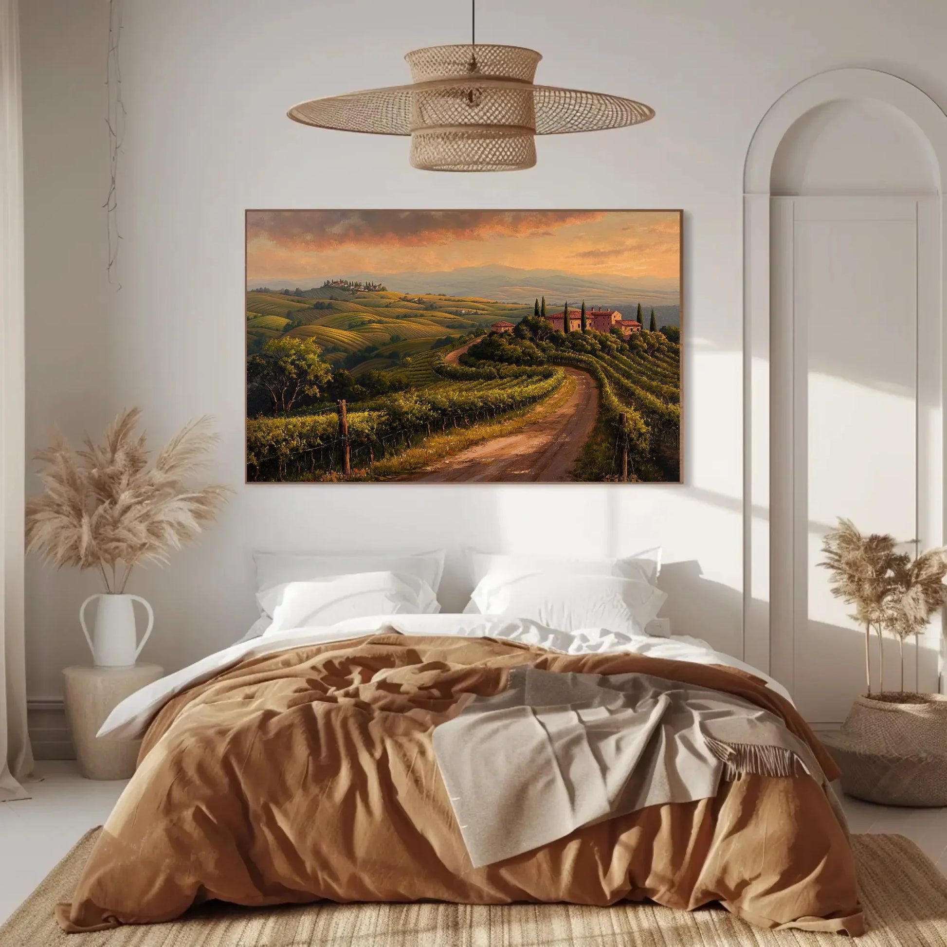 Tuscany landscape canvas wall art print with vineyards and rustic villas for italian countryside decor or cozy kitchen and wine room Wall Art – Canvas Print