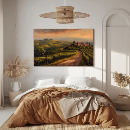 Tuscany landscape canvas wall art print with vineyards and rustic villas for italian countryside decor or cozy kitchen and wine room Wall Art – Canvas Print