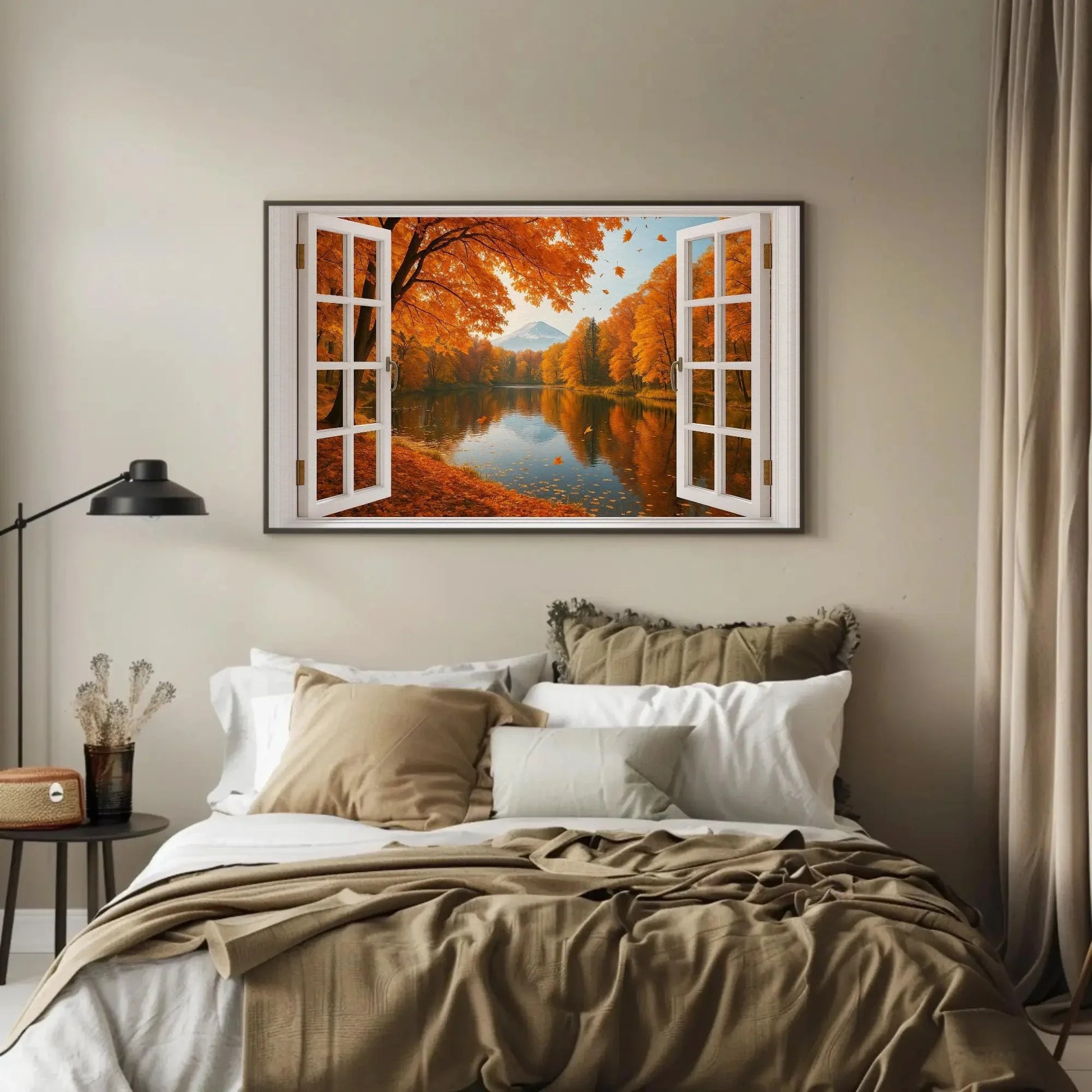 Mount Fuji autumn lake open window view canvas wall art print for seasonal Japanese decor and fall landscape nature lovers room Wall Art – Canvas Print