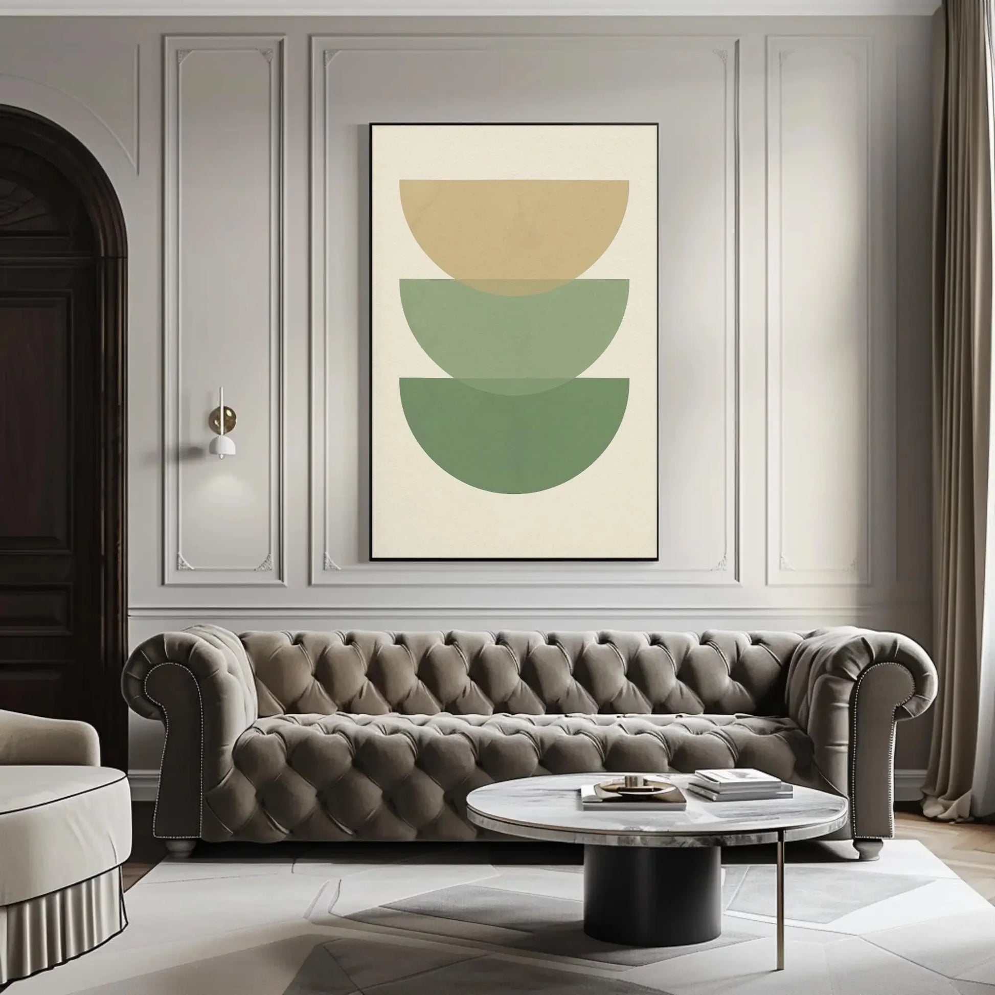 Minimalist green beige canvas wall art print for modern boho home or Scandinavian decor with abstract layered half circle design Wall Art – Canvas Print