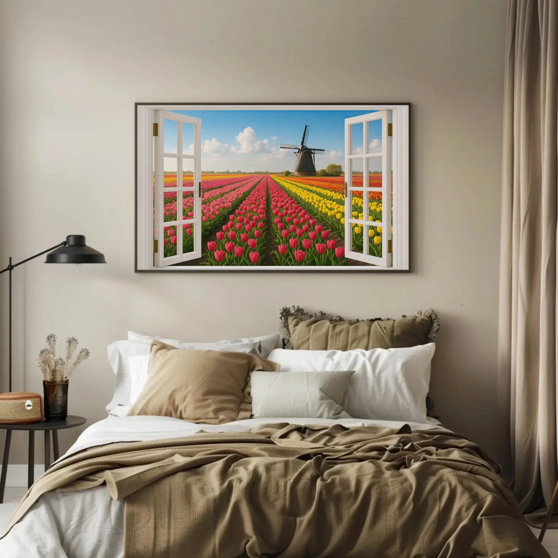 Tulip field windmill canvas wall art print with open window view of Dutch spring landscape for floral home decor or Netherlands theme room Wall Art – Canvas Print