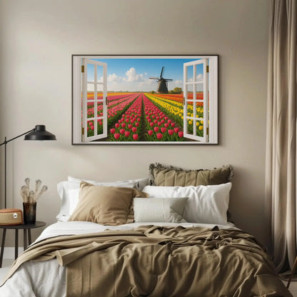 Tulip field windmill canvas wall art print with open window view of Dutch spring landscape for floral home decor or Netherlands theme room Wall Art – Canvas Print