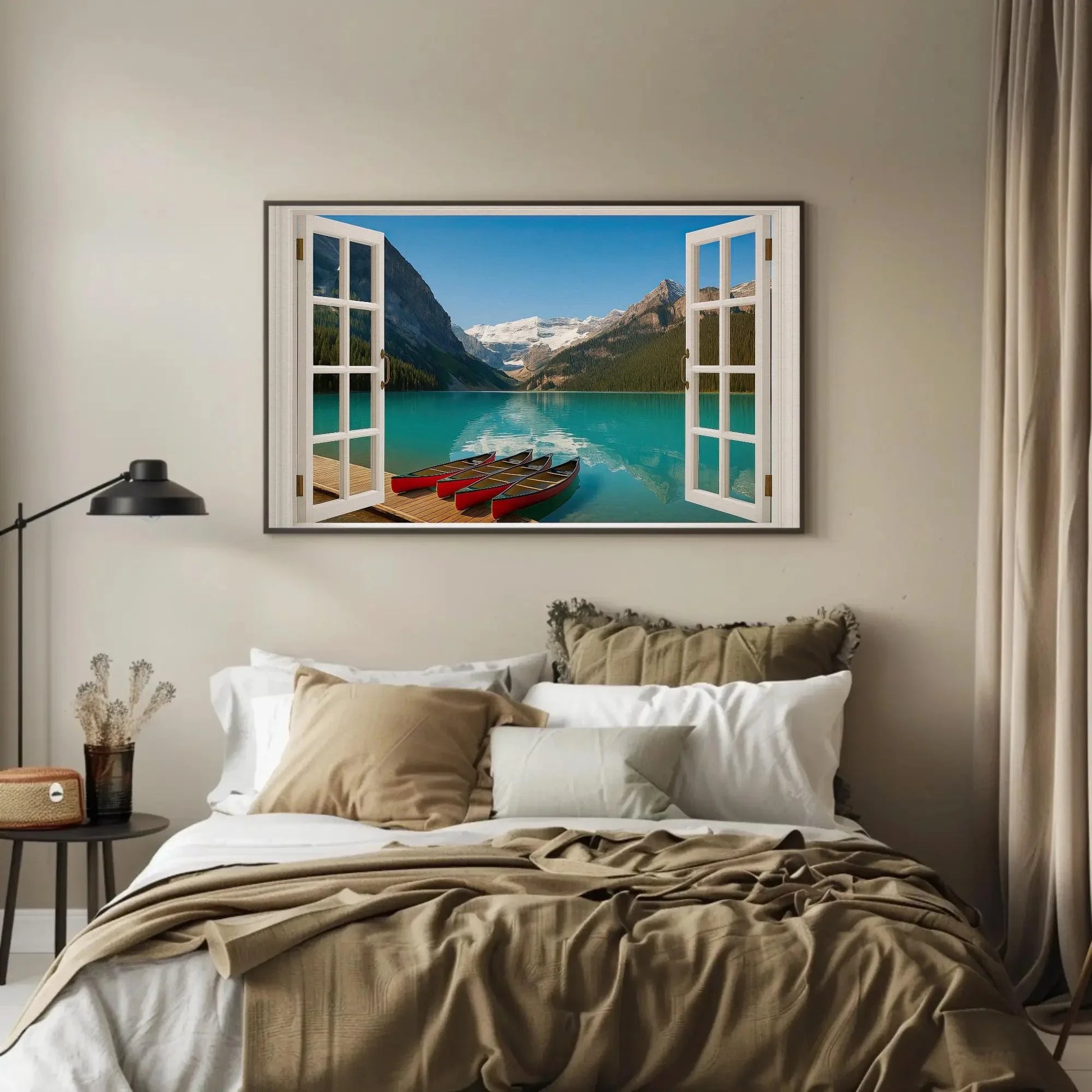 Canadian lake mountain canvas wall art print with red canoes and turquoise water through open window view for cabin or lodge room decor Wall Art – Canvas Print