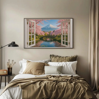 Mount Fuji cherry blossom open window view canvas wall art print for tranquil Japanese decor or modern home and sakura garden scene Wall Art – Canvas Print
