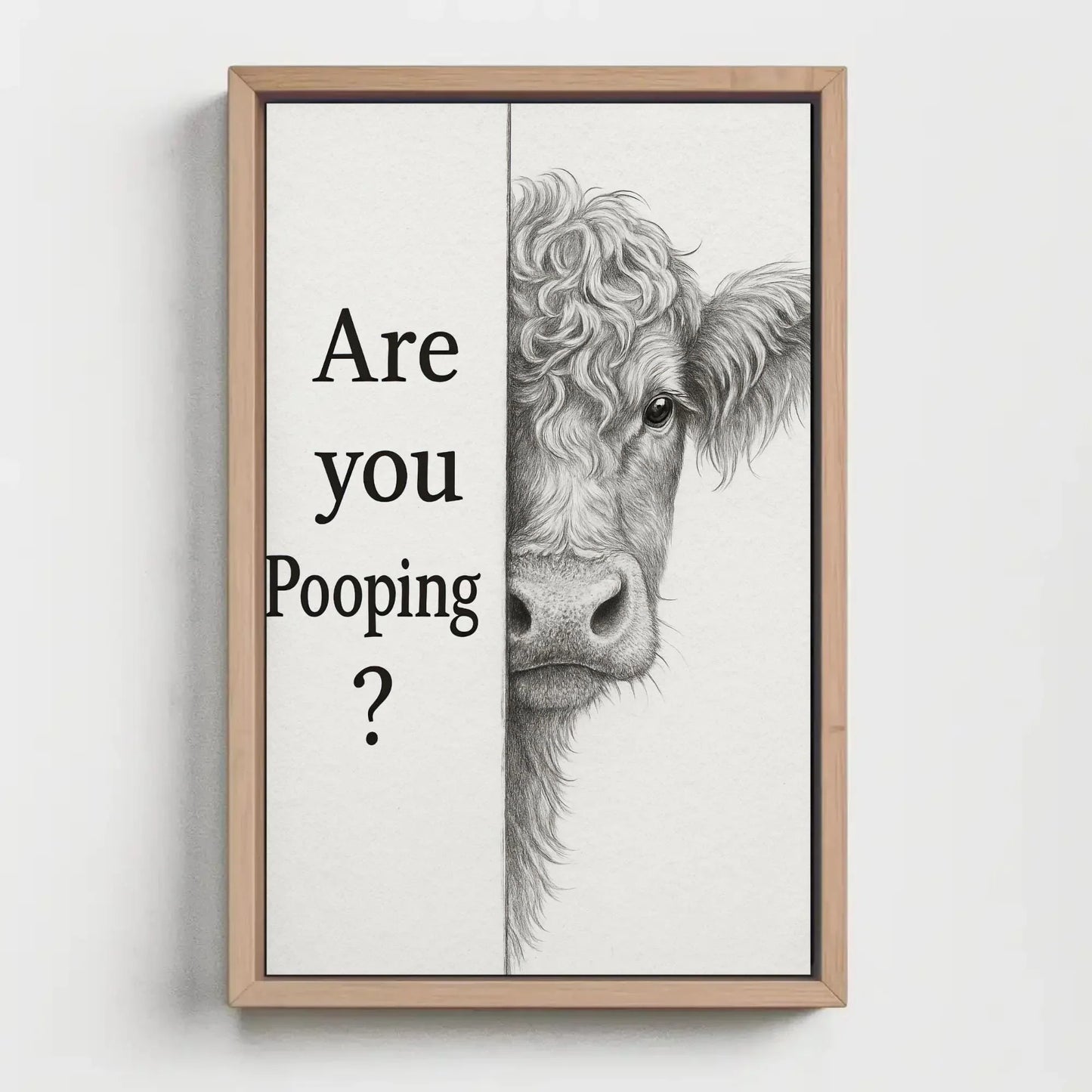 Funny cow bathroom canvas wall art print for farmhouse toilet decor or rustic powder room with are you pooping quote and sketch Wall Art – Canvas Print