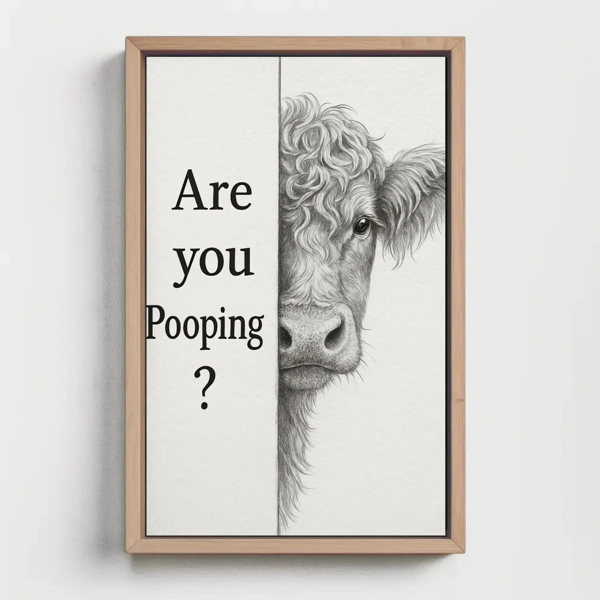 Funny cow bathroom canvas wall art print for farmhouse toilet decor or rustic powder room with are you pooping quote and sketch Wall Art – Canvas Print