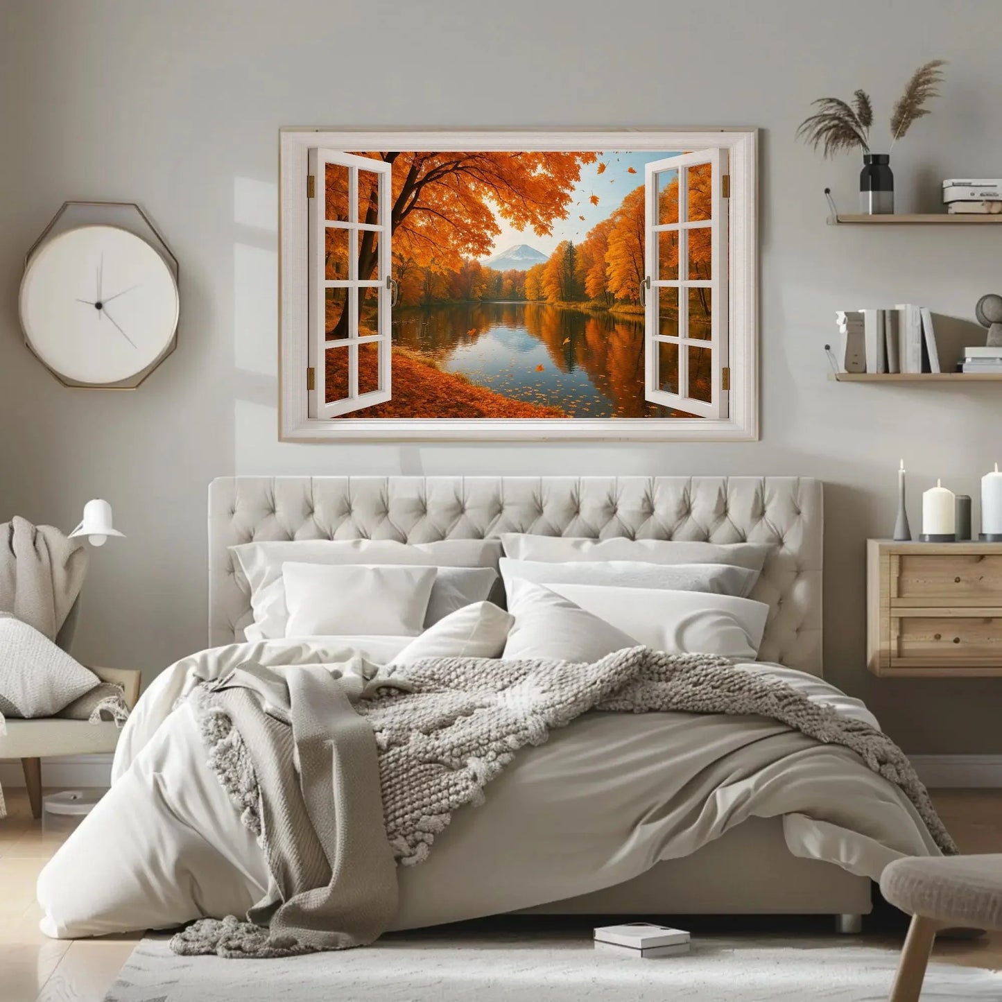 Mount Fuji autumn lake open window view canvas wall art print for seasonal Japanese decor and fall landscape nature lovers room Wall Art – Canvas Print
