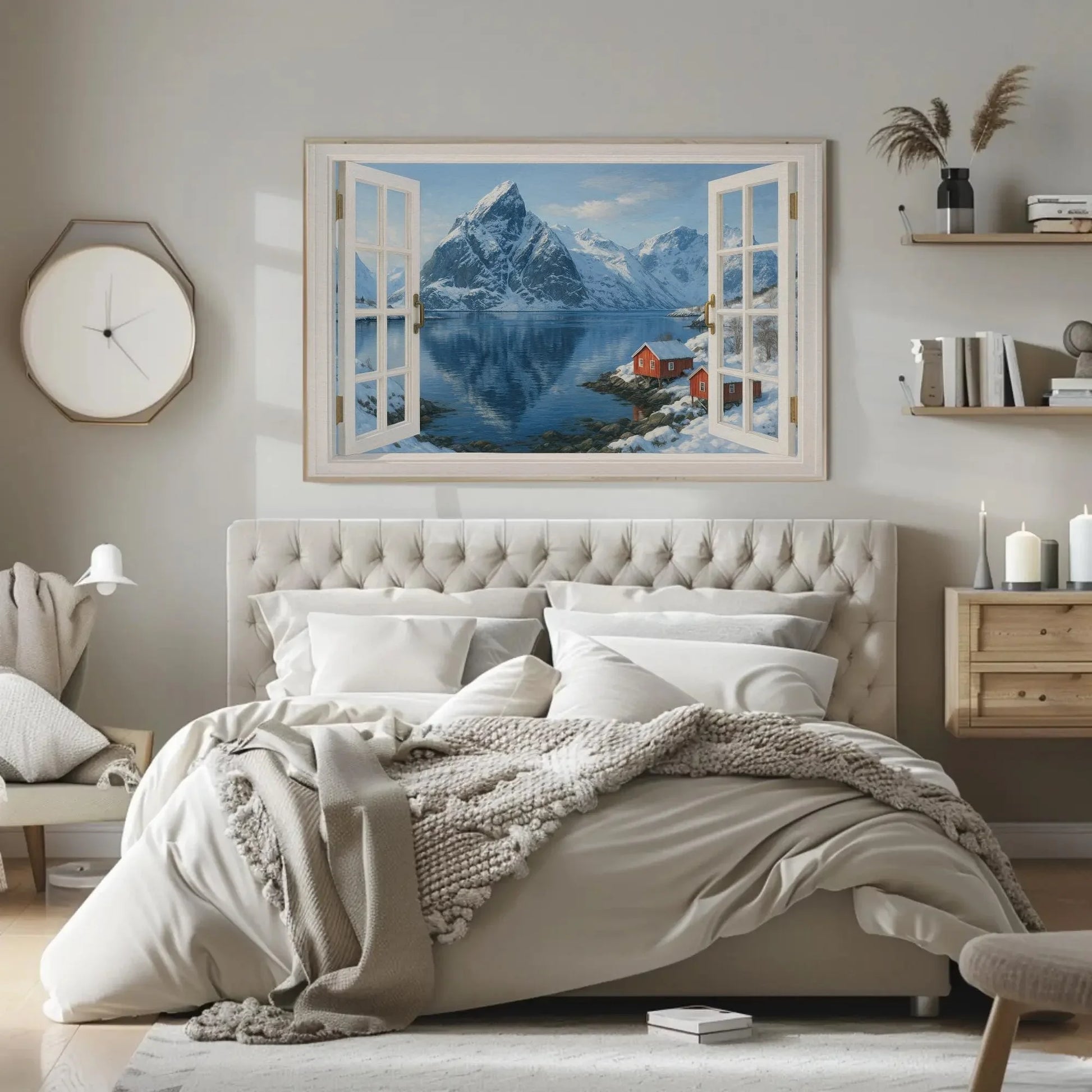 Norwegian fjord winter open window view canvas wall art print for mountain cabin or Scandinavian home featuring snow and red cabins Wall Art – Canvas Print