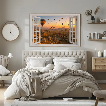 Cappadocia hot air balloon open window view canvas wall art print for travel lovers or warm neutral decor inspired by Turkish skies Wall Art – Canvas Print