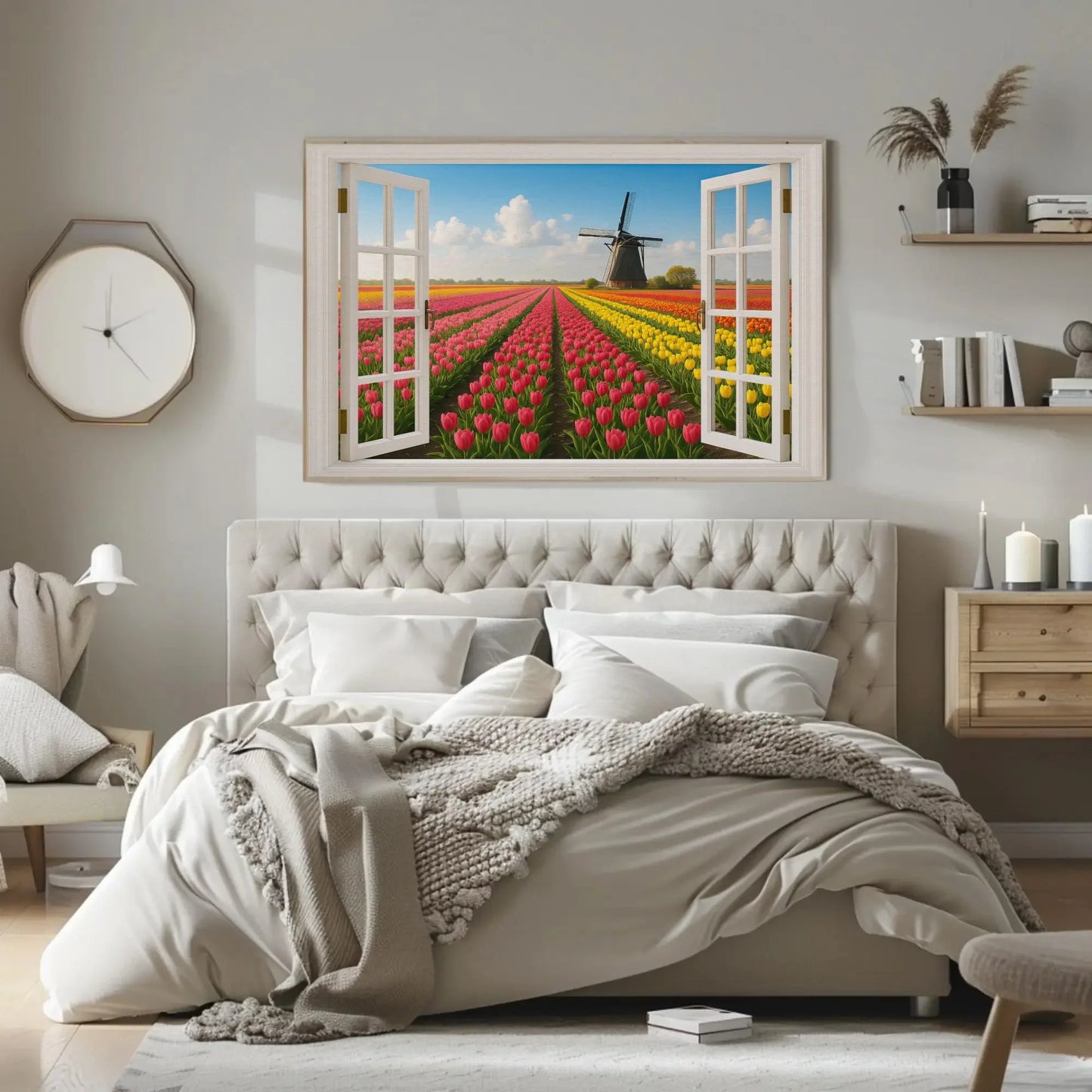 Tulip field windmill canvas wall art print with open window view of Dutch spring landscape for floral home decor or Netherlands theme room Wall Art – Canvas Print