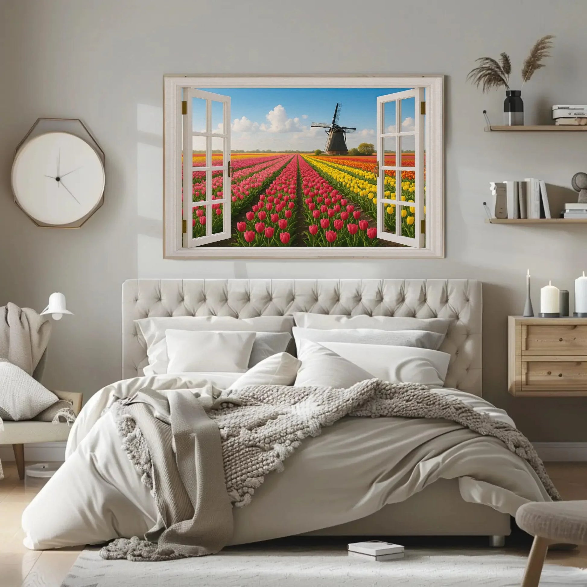 Tulip field windmill canvas wall art print with open window view of Dutch spring landscape for floral home decor or Netherlands theme room Wall Art – Canvas Print