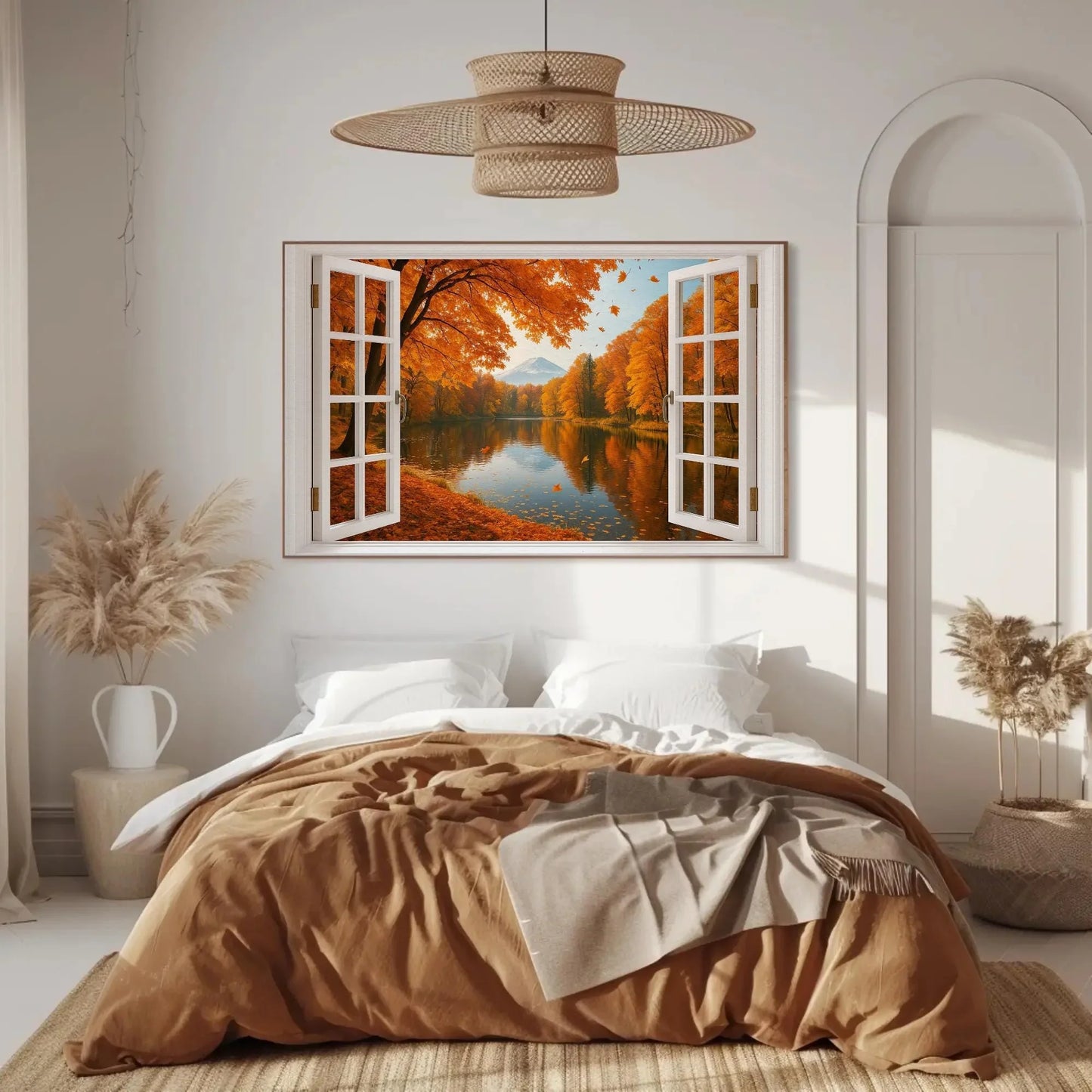 Mount Fuji autumn lake open window view canvas wall art print for seasonal Japanese decor and fall landscape nature lovers room Wall Art – Canvas Print