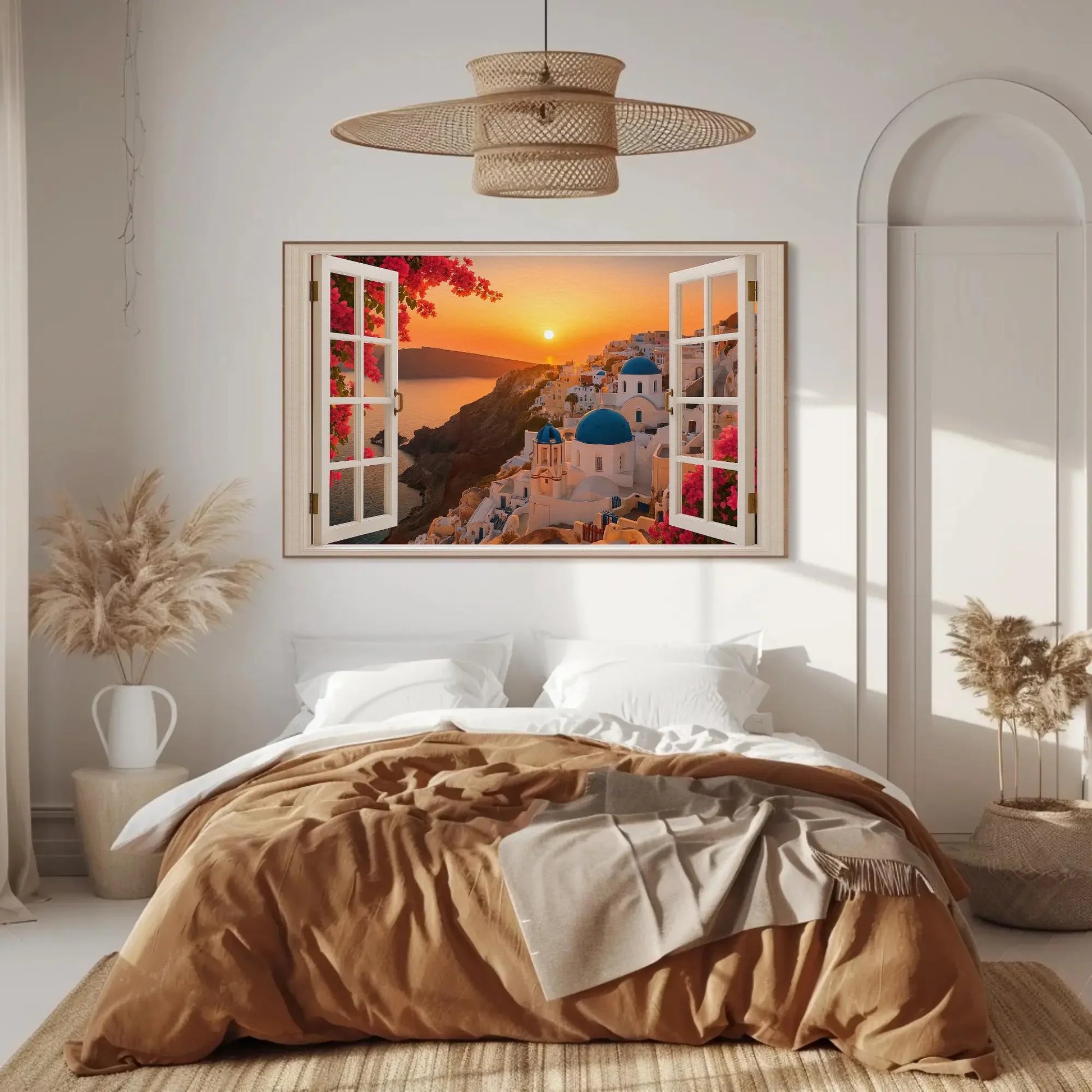 Santorini sunset open window view canvas wall art print of Greek domes and sea for romantic travel inspired decor or coastal room design Wall Art – Canvas Print