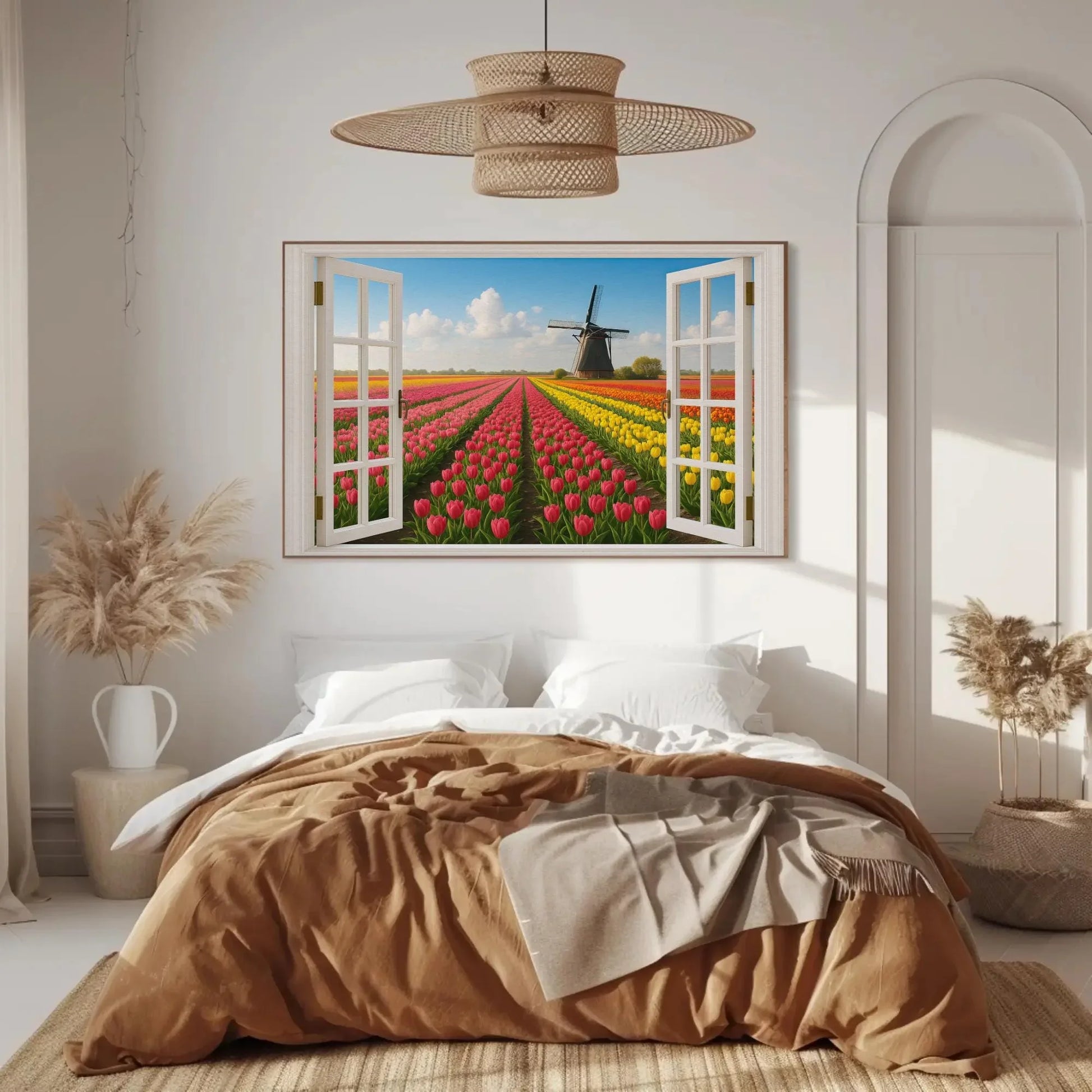 Tulip field windmill canvas wall art print with open window view of Dutch spring landscape for floral home decor or Netherlands theme room Wall Art – Canvas Print