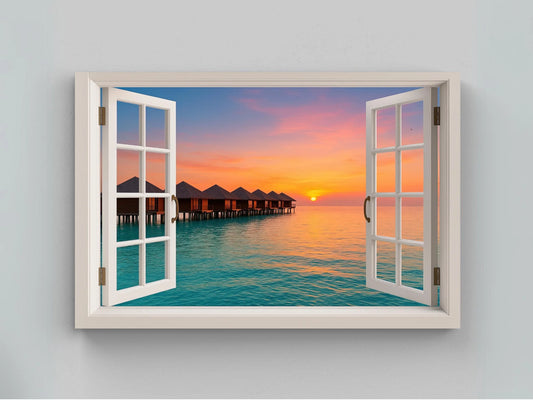 Maldives overwater bungalow canvas wall art print with open window view of tropical sunset ocean for beach house or island escape decor Wall Art – Canvas Print
