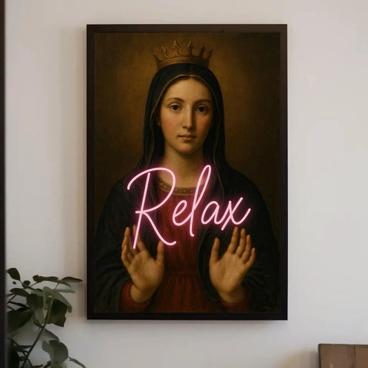 Virgin Mary neon relax canvas wall art painting for eclectic spiritual decor or modern sacred icon lovers with pop culture remix print Wall Art – Canvas Print