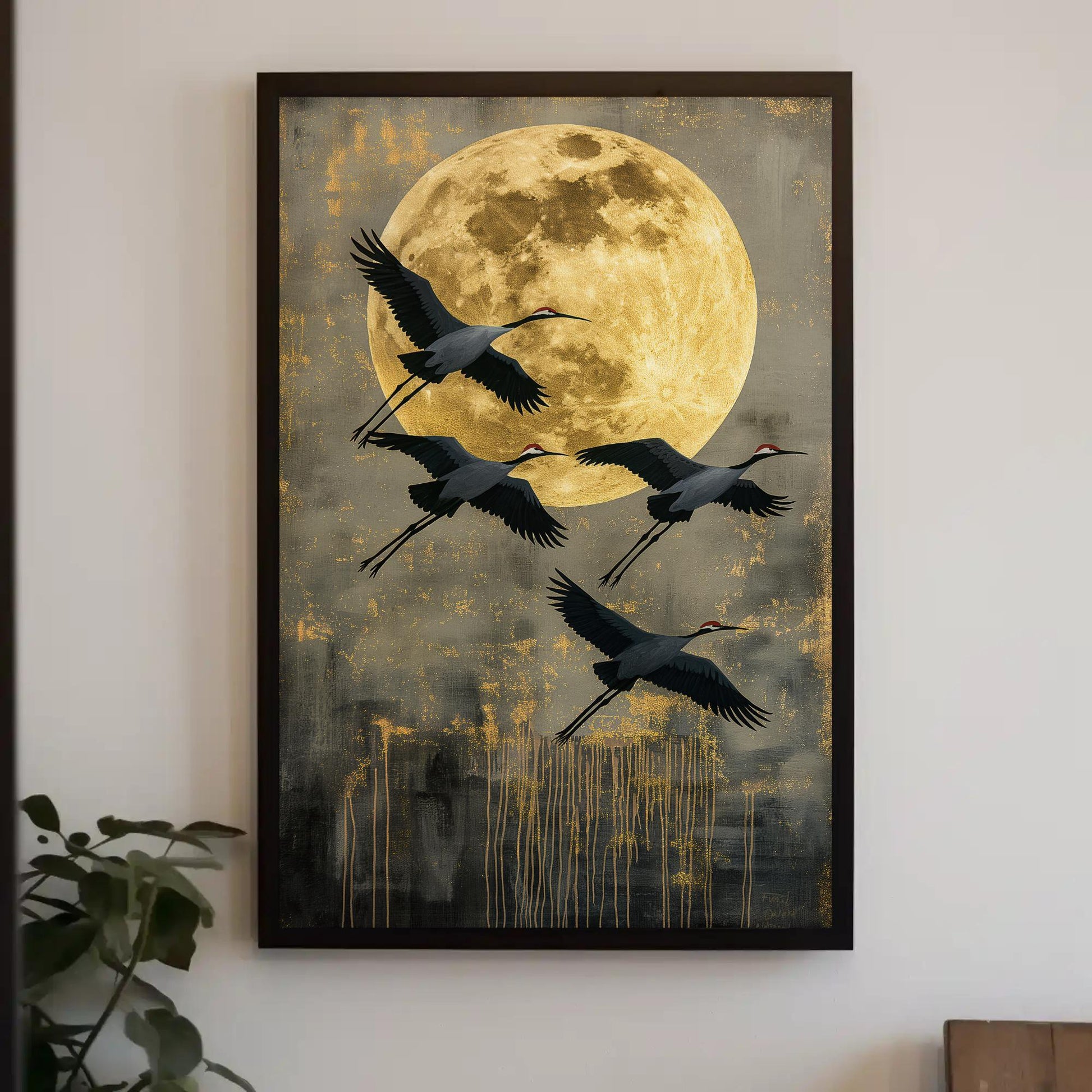 Flying Crane Canvas Print, Extra Large Golden Moon Sky Wall Art, Elegant Bird Painting, Japandi, Boho, Nature Bedroom and Living Room Decor Wall Art – Canvas Print