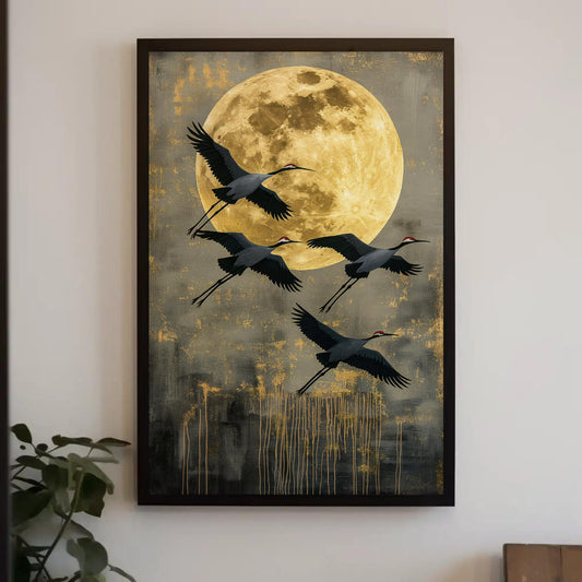 Flying Crane Canvas Print, Extra Large Golden Moon Sky Wall Art, Elegant Bird Painting, Japandi, Boho, Nature Bedroom and Living Room Decor Wall Art – Canvas Print