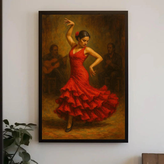 Elegant Spanish Flamenco Dancer in Red Dress Oil Painting Wall Art | Passionate Traditional Dance Scene Print for Cultural Home Decor Wall Art – Canvas Print