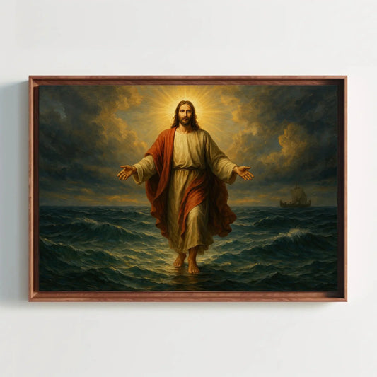 Jesus walking on water canvas wall art print for Christian home or church decor with glowing halo ocean miracle and biblical faith scene Wall Art – Canvas Print