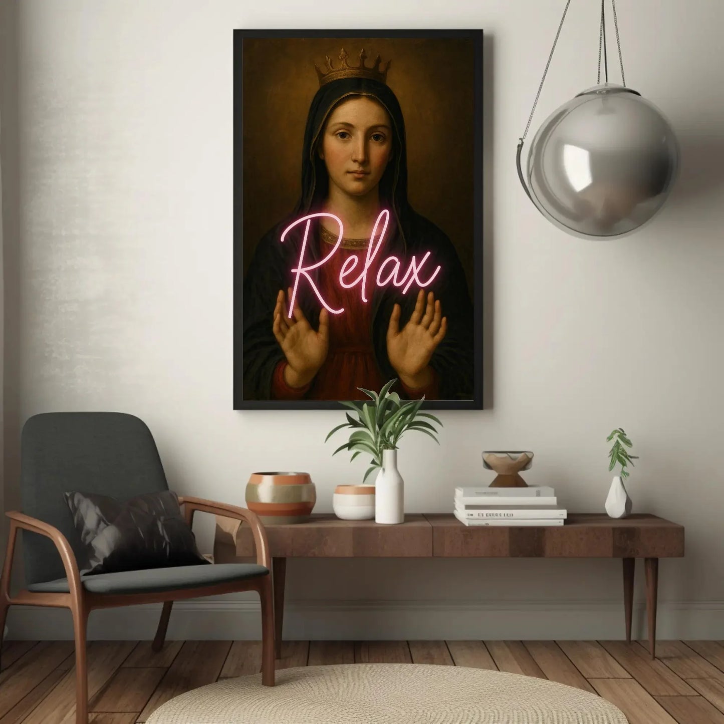 Virgin Mary neon relax canvas wall art painting for eclectic spiritual decor or modern sacred icon lovers with pop culture remix print Wall Art – Canvas Print
