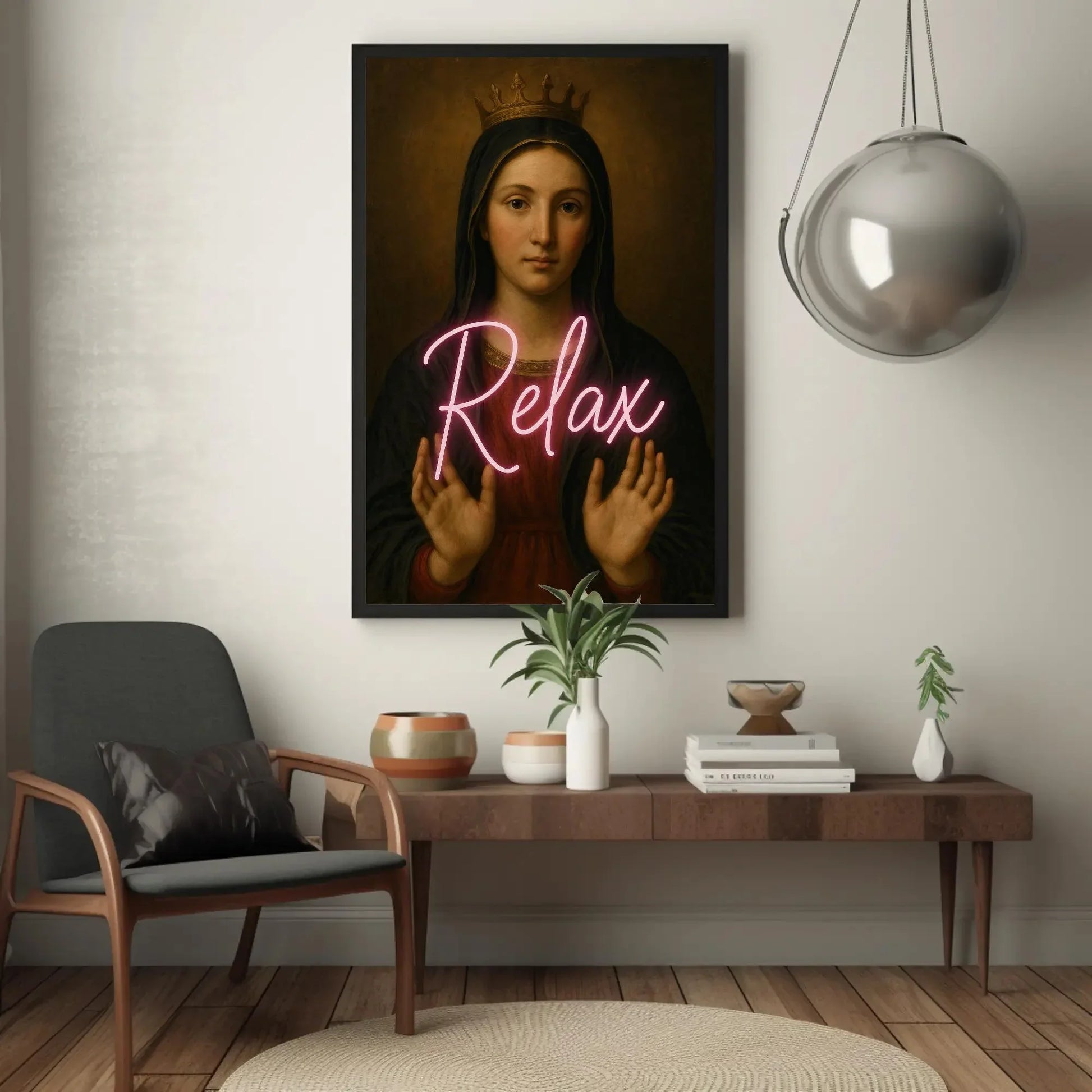 Virgin Mary neon relax canvas wall art painting for eclectic spiritual decor or modern sacred icon lovers with pop culture remix print Wall Art – Canvas Print