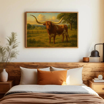 Majestic Texas Longhorn Bull Artwork Rustic Western Ranch Farmhouse Cattle Animal Print Cowboy Country Wall Art Home Decor Wall Art – Canvas Print