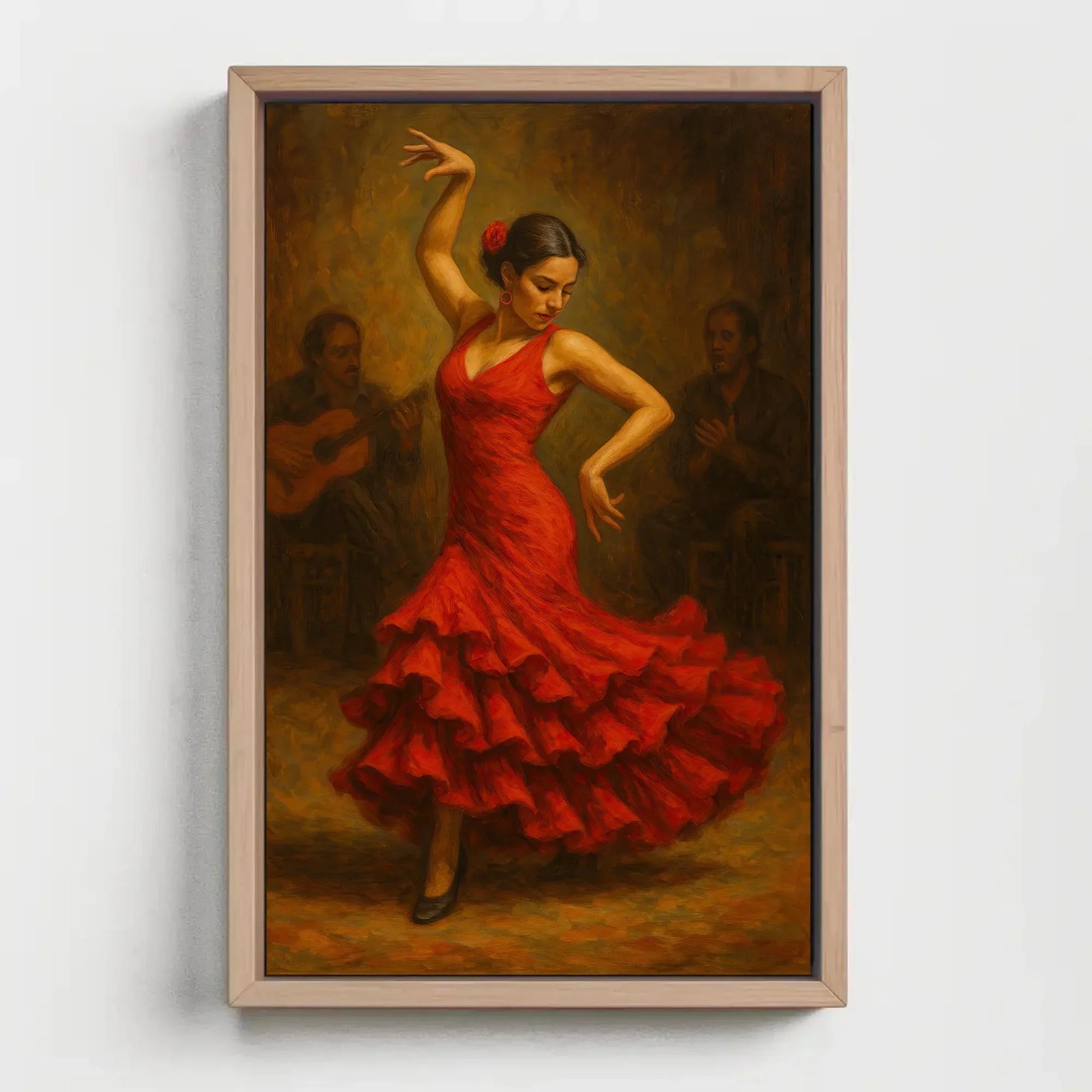 Elegant Spanish Flamenco Dancer in Red Dress Oil Painting Wall Art | Passionate Traditional Dance Scene Print for Cultural Home Decor Wall Art – Canvas Print