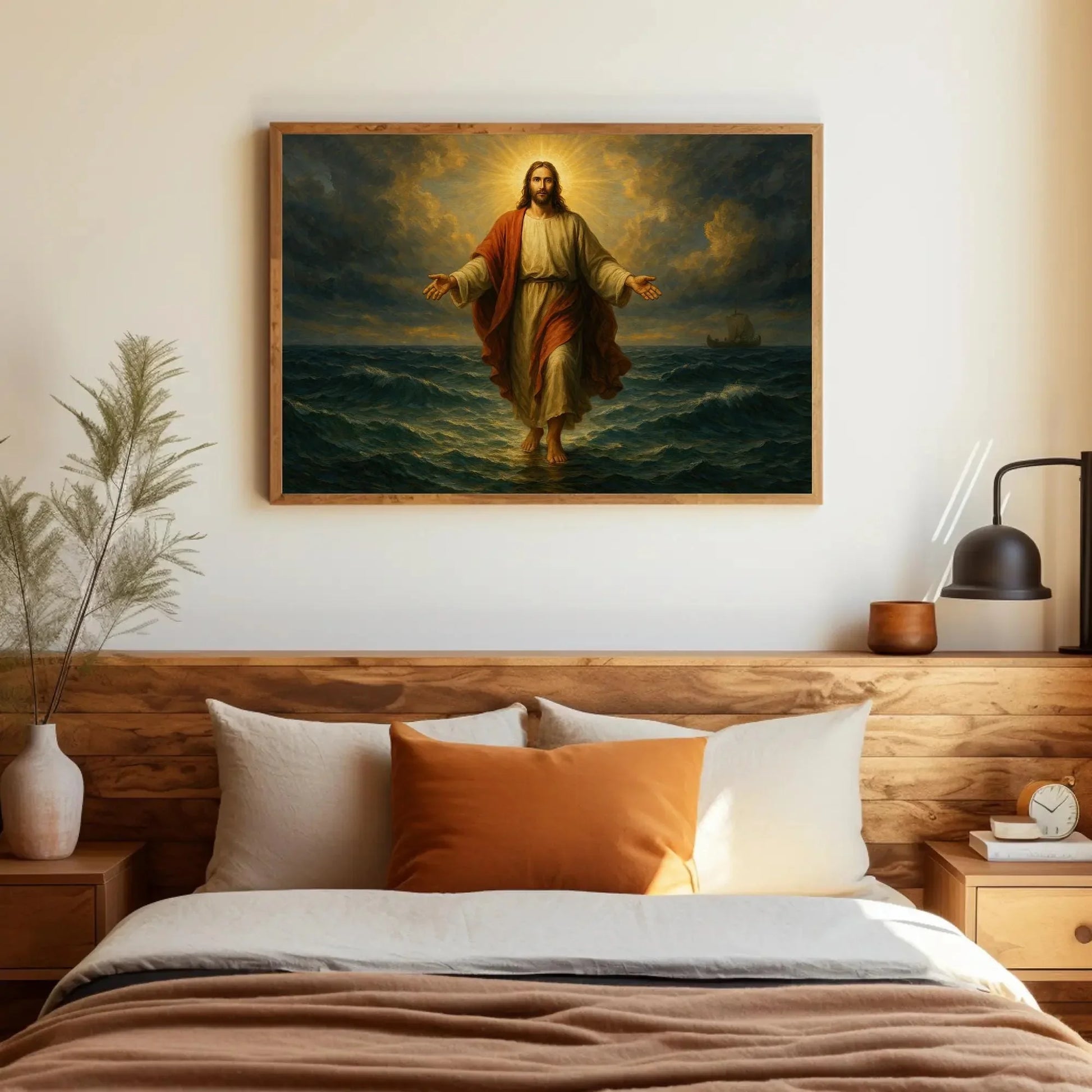 Jesus walking on water canvas wall art print for Christian home or church decor with glowing halo ocean miracle and biblical faith scene Wall Art – Canvas Print