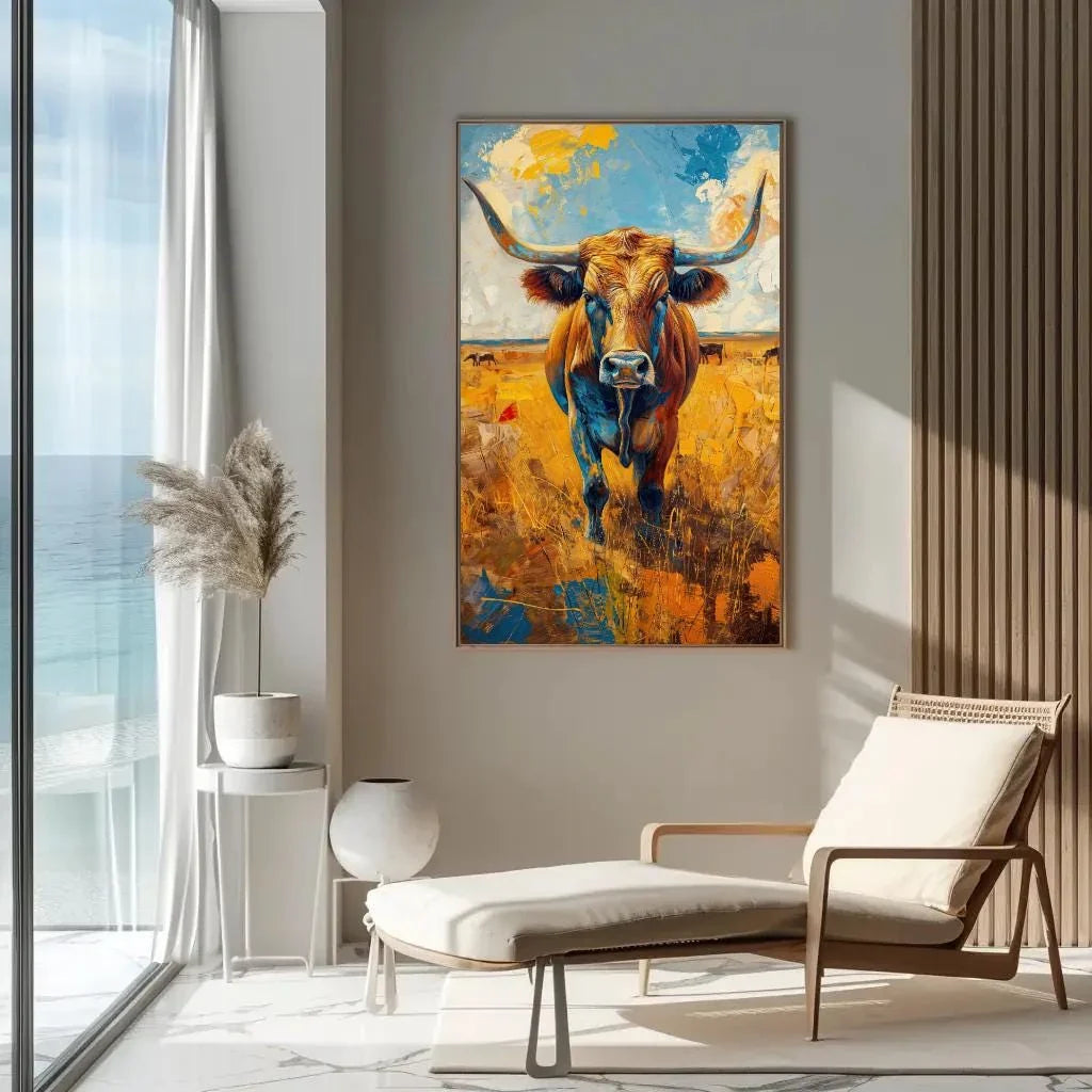 Texas Longhorn Cow Oil Painting Vertical Canvas | Rustic Western Wall Art | Framed Farmhouse Decor for Living Room, Bedroom, Ready to Hang Wall Art – Canvas Print